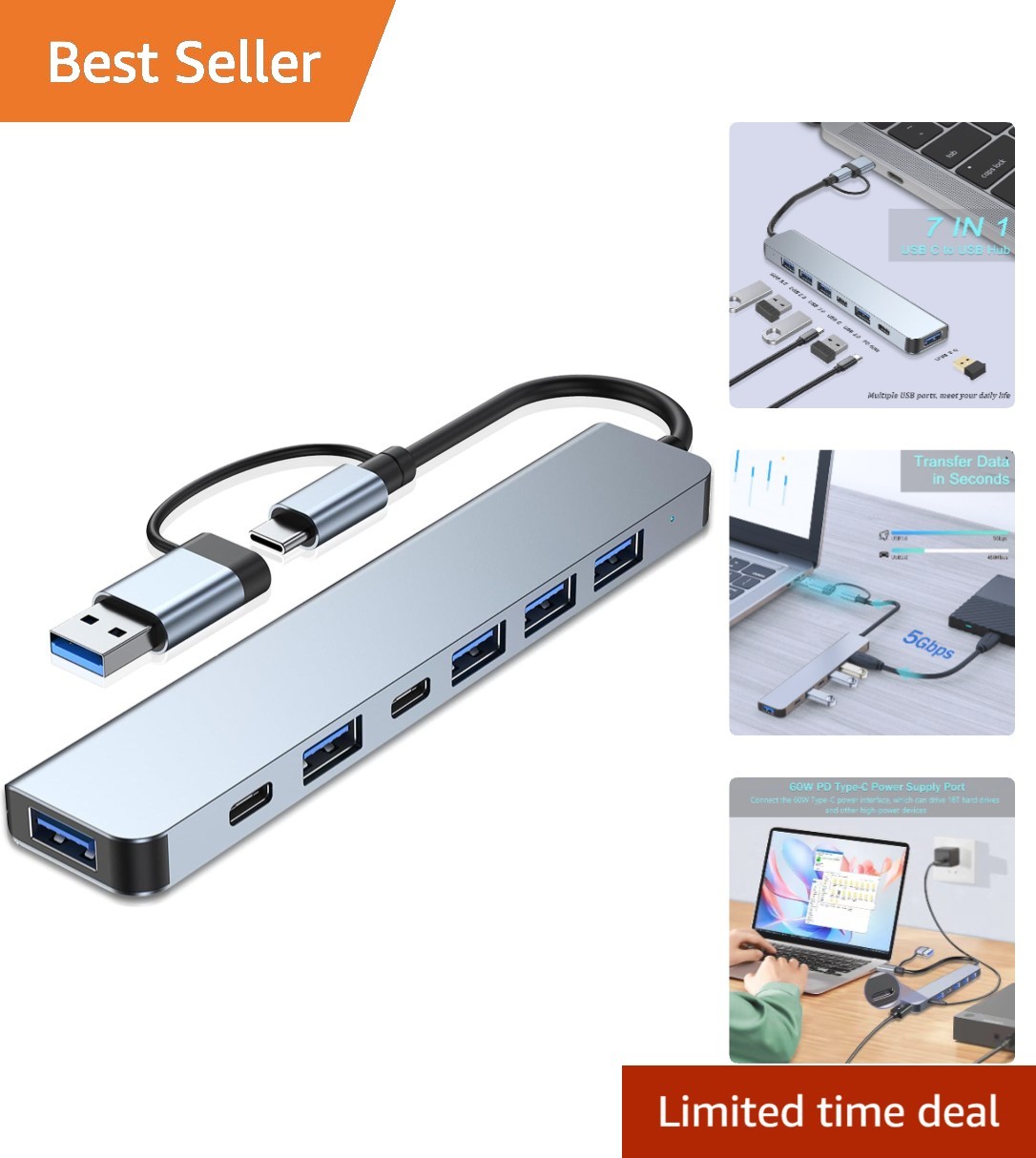 Versatile 7-Port USB C Adapter - Elegant Aluminum Hub with Fast Transfer Speed