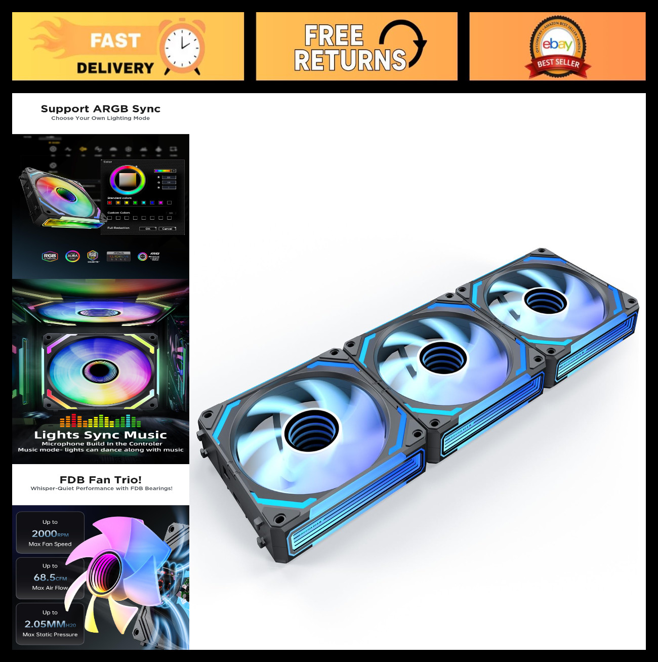 COSMIQ 120mm PC RGB Fans Computer Case Fans, 5V 3-PIN Connector Daisy Chain PWM