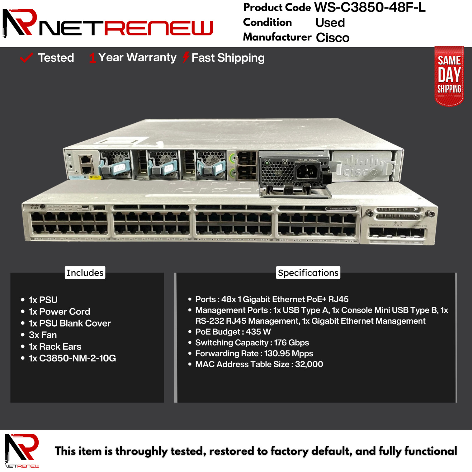 Cisco WS-C3850-48F-L 48-Port Full PoE+ Gigabit Switch  w/C3850-NM-2-10G