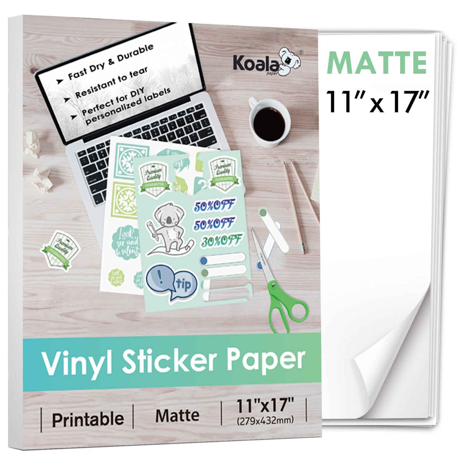 Koala Printable Vinyl Sticker Paper for Inkjet Printer 11x17 Waterproof Matte