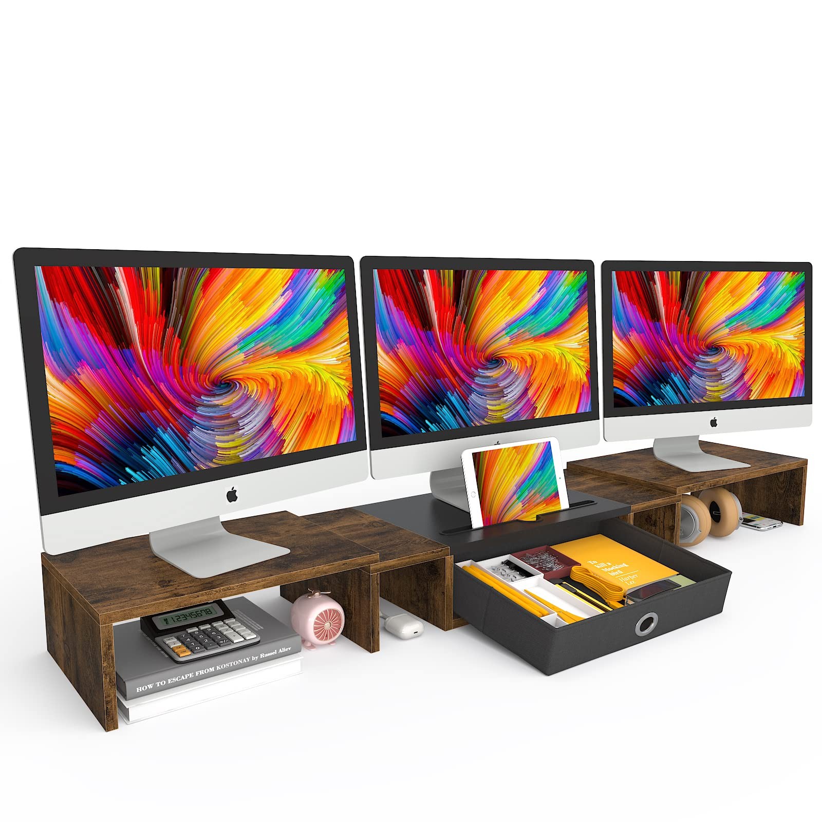 Triple Dual Monitor Stand Riser with Drawer,Extra Large Adjustable for 2~3 Mo...