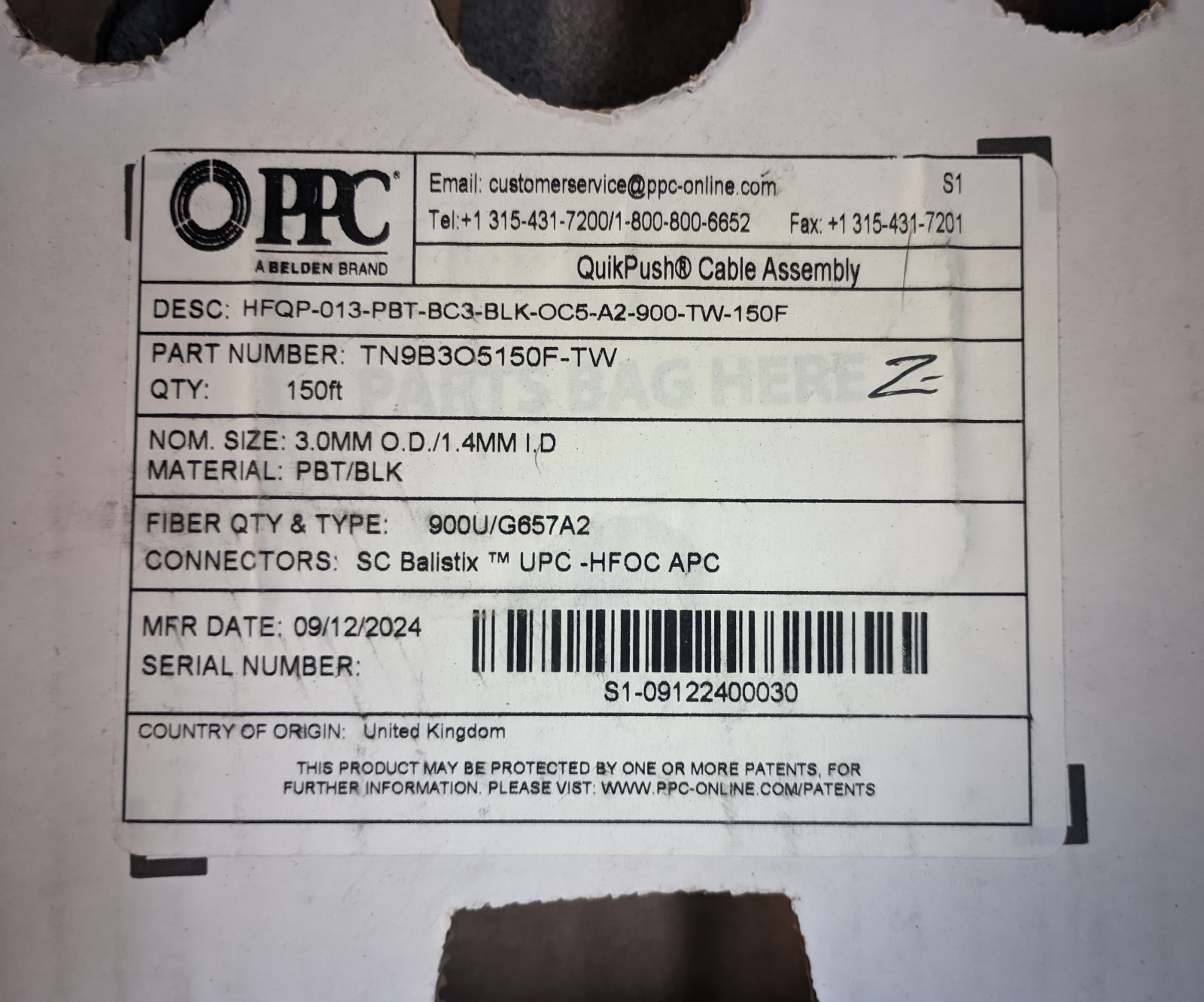 PPC QuikPush 150ft Hardened Fiber Drop HFOC APC SC Balistix G657A2 FTTH Outdoor