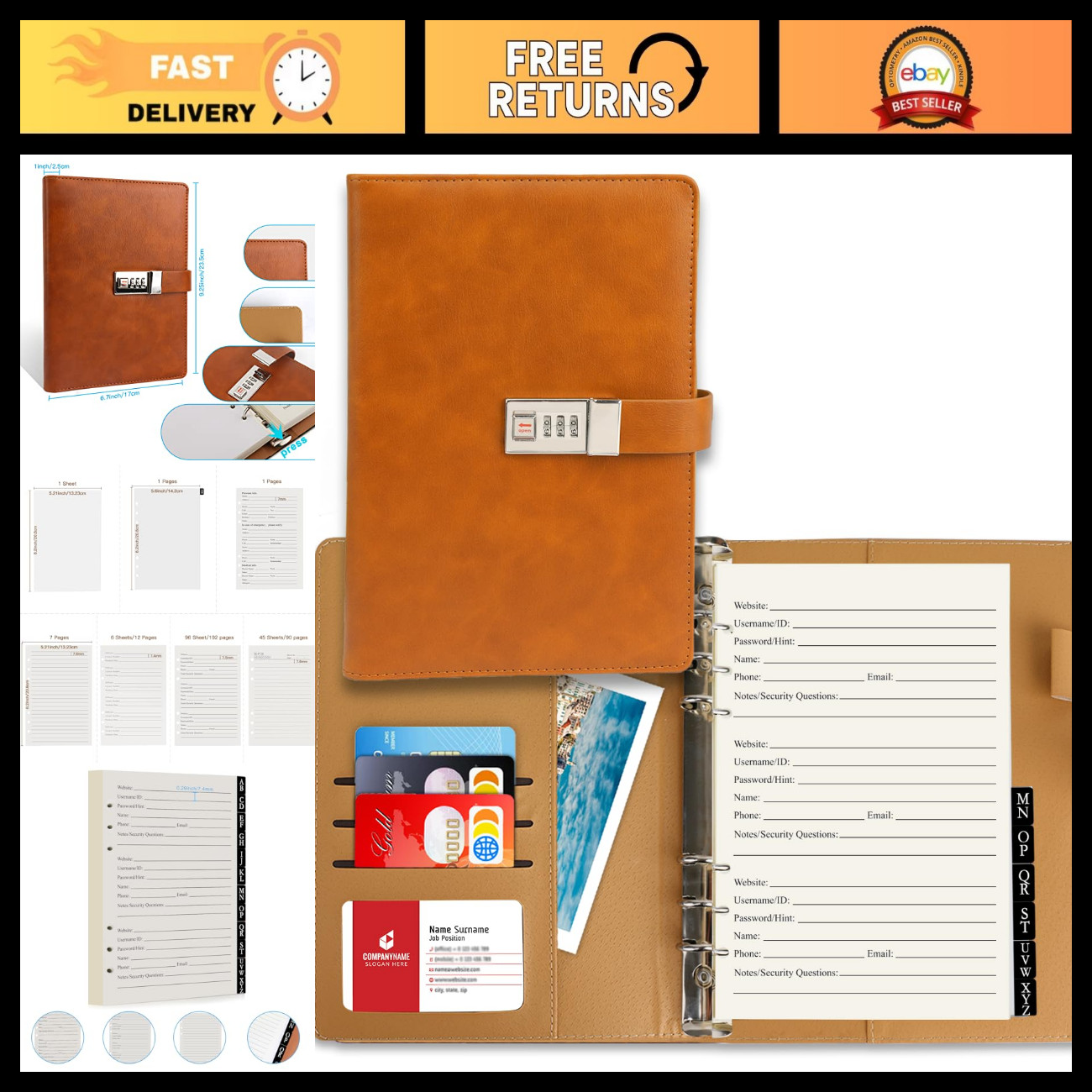 Password Book with Lock & Alphabetical Tabs, 302 Pages, Refillable Logbook, A5