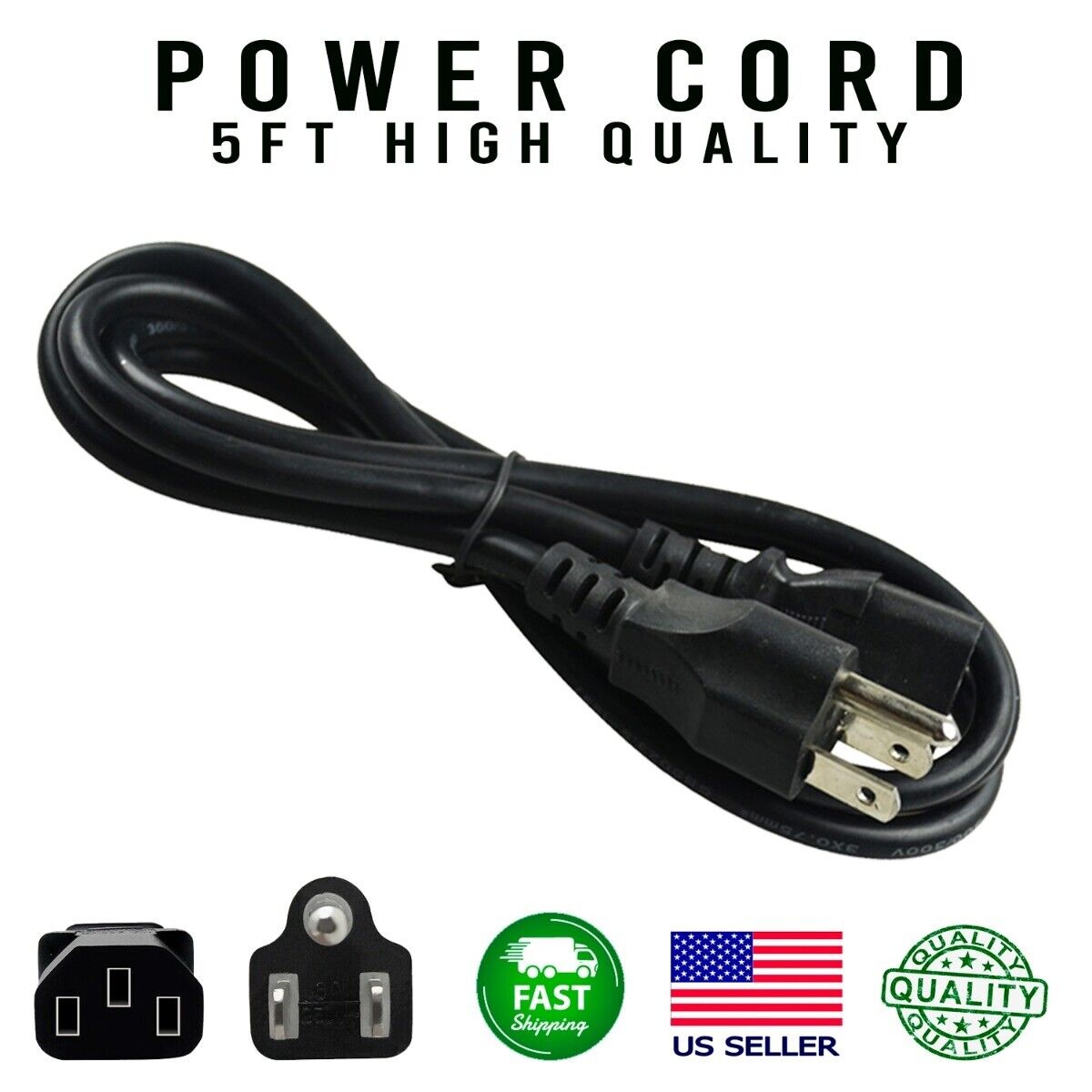 Lot of 1-100 AC Power Cord Cable 3 Prong Plug 5FT Standard PC Computer Monitor