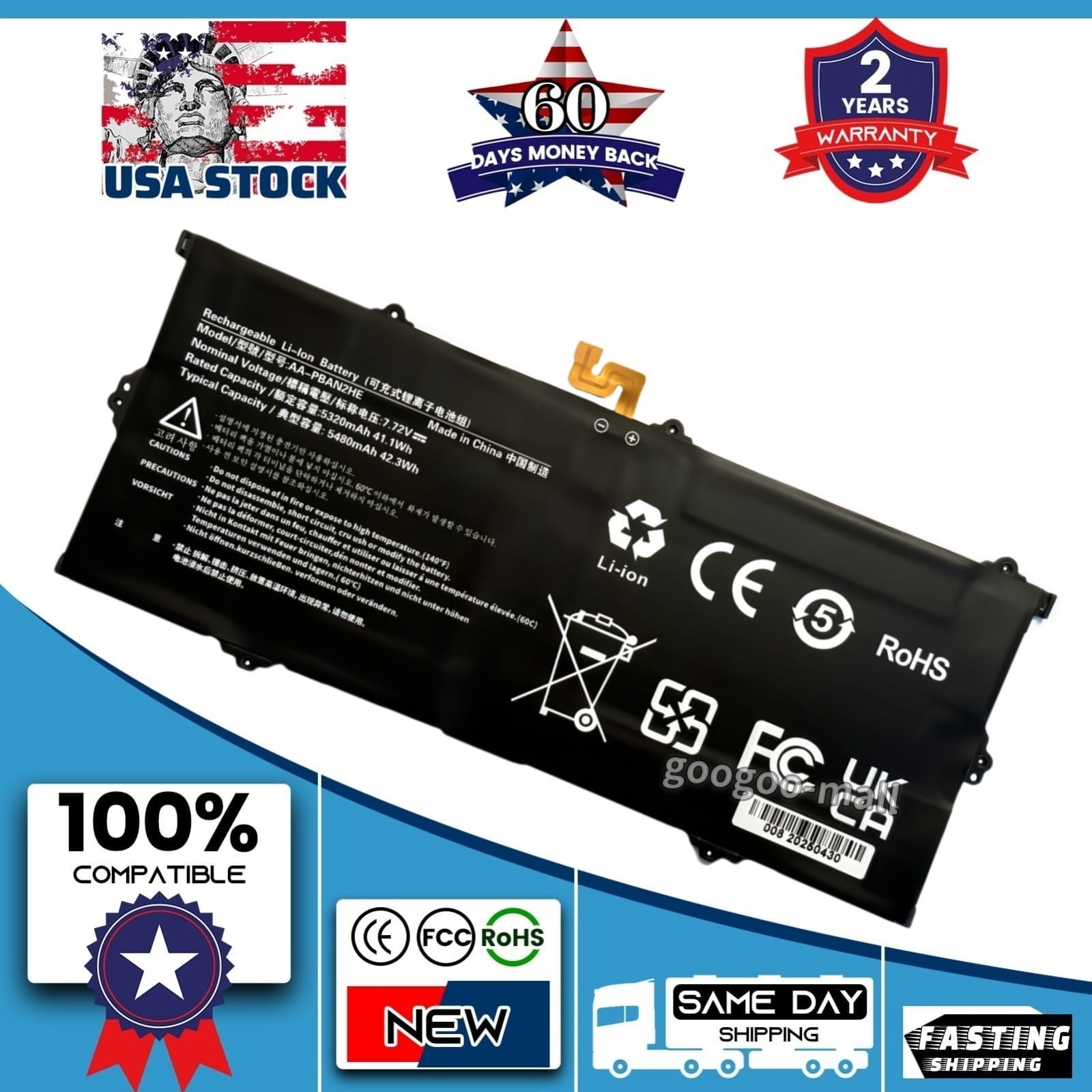 New 5480mAh AA-PBAN2HE Battery For Samsung Galaxy Book Go 340XDA NP340XLA Series