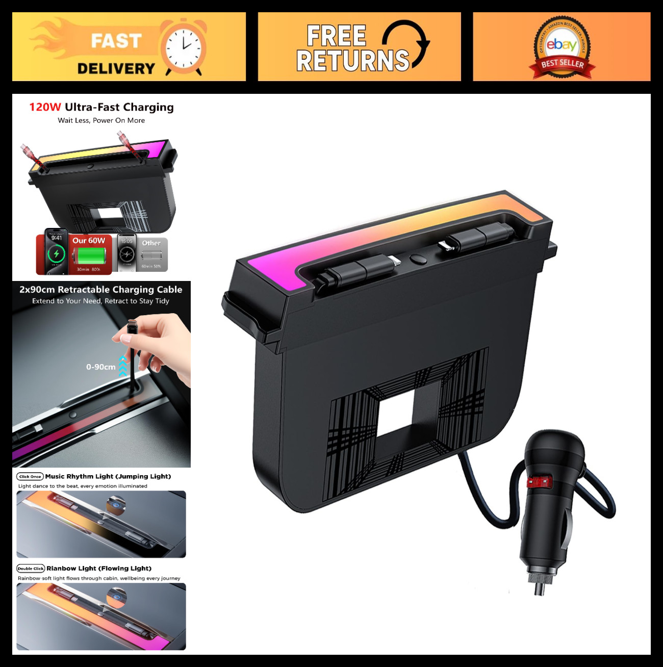 USB Hub for Tesla Model Y & Model 3 - 120W USB-C Fast Charging, RGB Light, Retra
