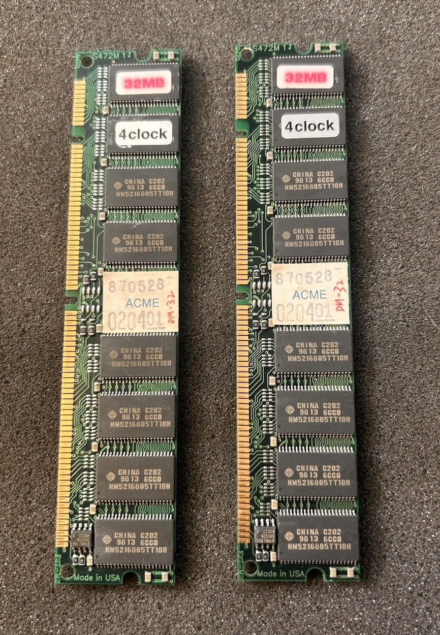 Lot of 2 ACME 32MB PC100 168-Pin SDRAM DIMM Memory RAM 64MB Total Vintage