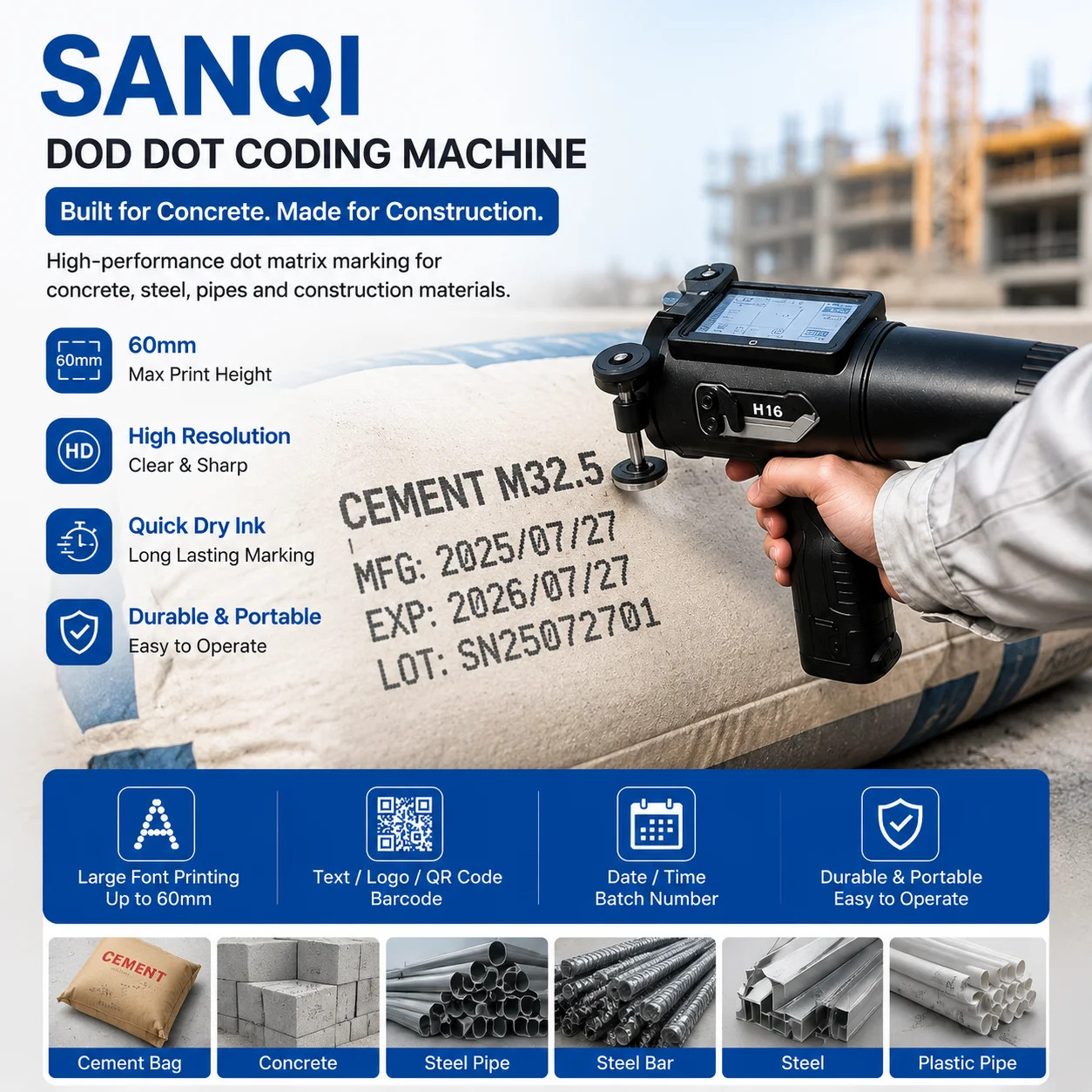 60mm Handheld Dot Matrix Inkjet for Drum Date QR Code