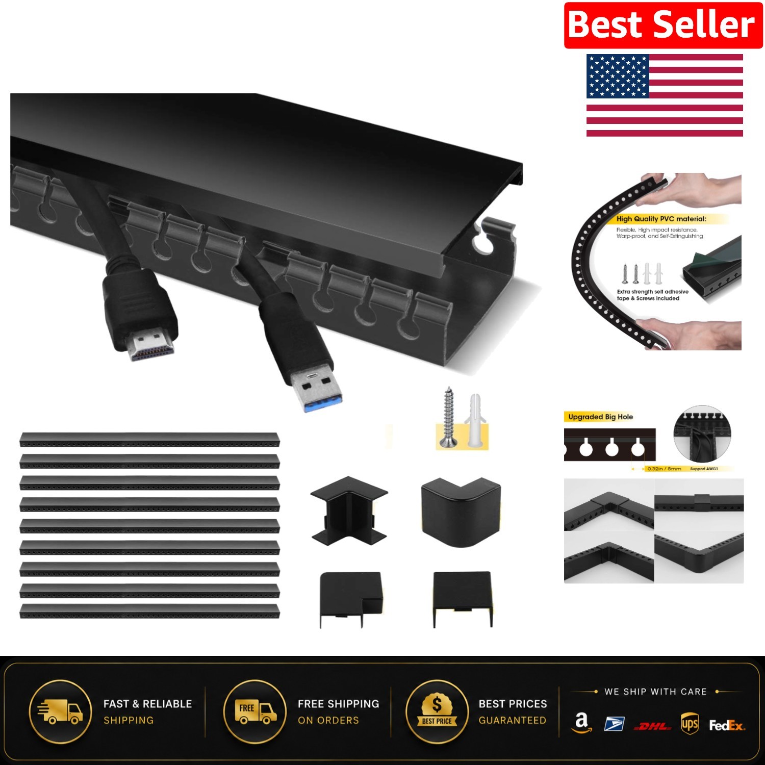 Sleek Black Cable Raceway Kit - 9 Pre-Cut Sections for Easy DIY Installation