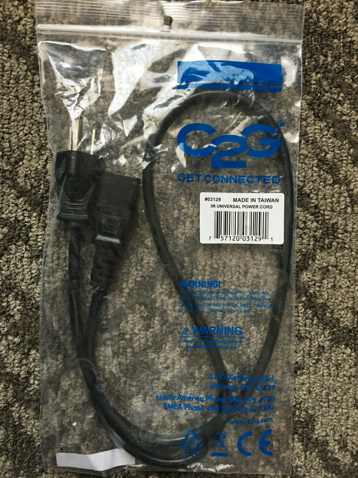 NEW C2G 03129 3ft 18 AWG Universal Power Cord (NEMA 5-15P to IEC320C13) Standard