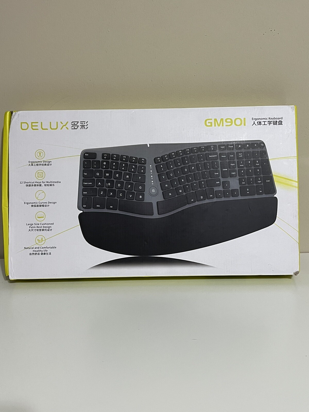 DELUX GM901D Wireless Split Ergonomic Keyboard 2.4G USB Bluetooth w/ Palm Rest