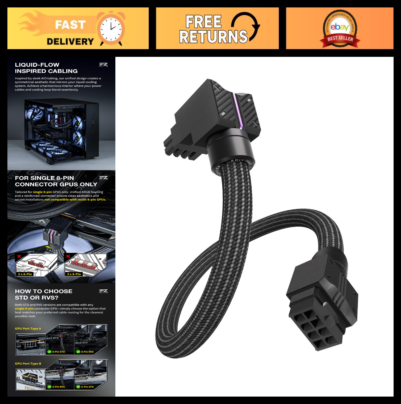 ARGB 8-Pin GPU Extension Cable - Right Angle, 16AWG Tinned Copper, 5V Sync, PCIe