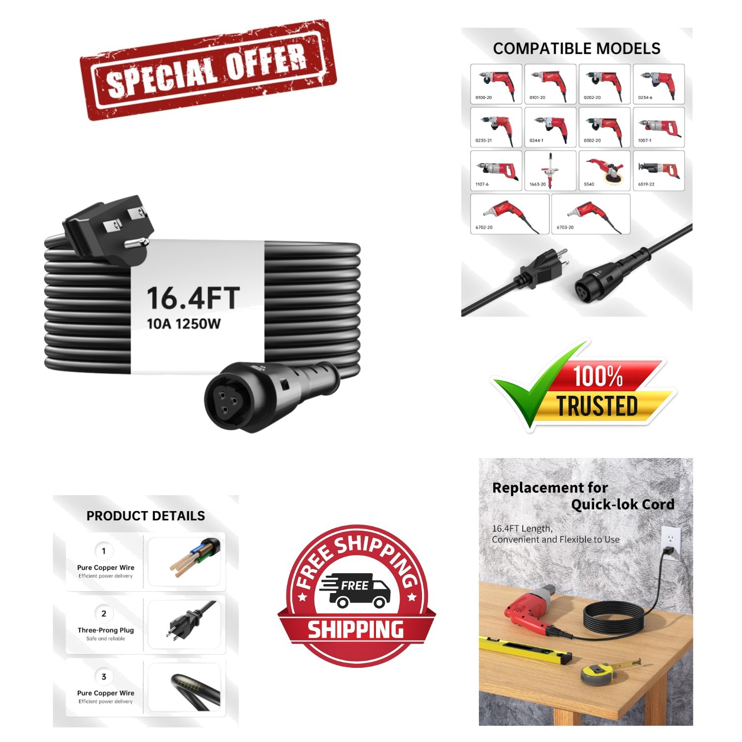 Flexible 16.4FT Power Cord for Quik-Lok Tools - Safe & Long-lasting Design