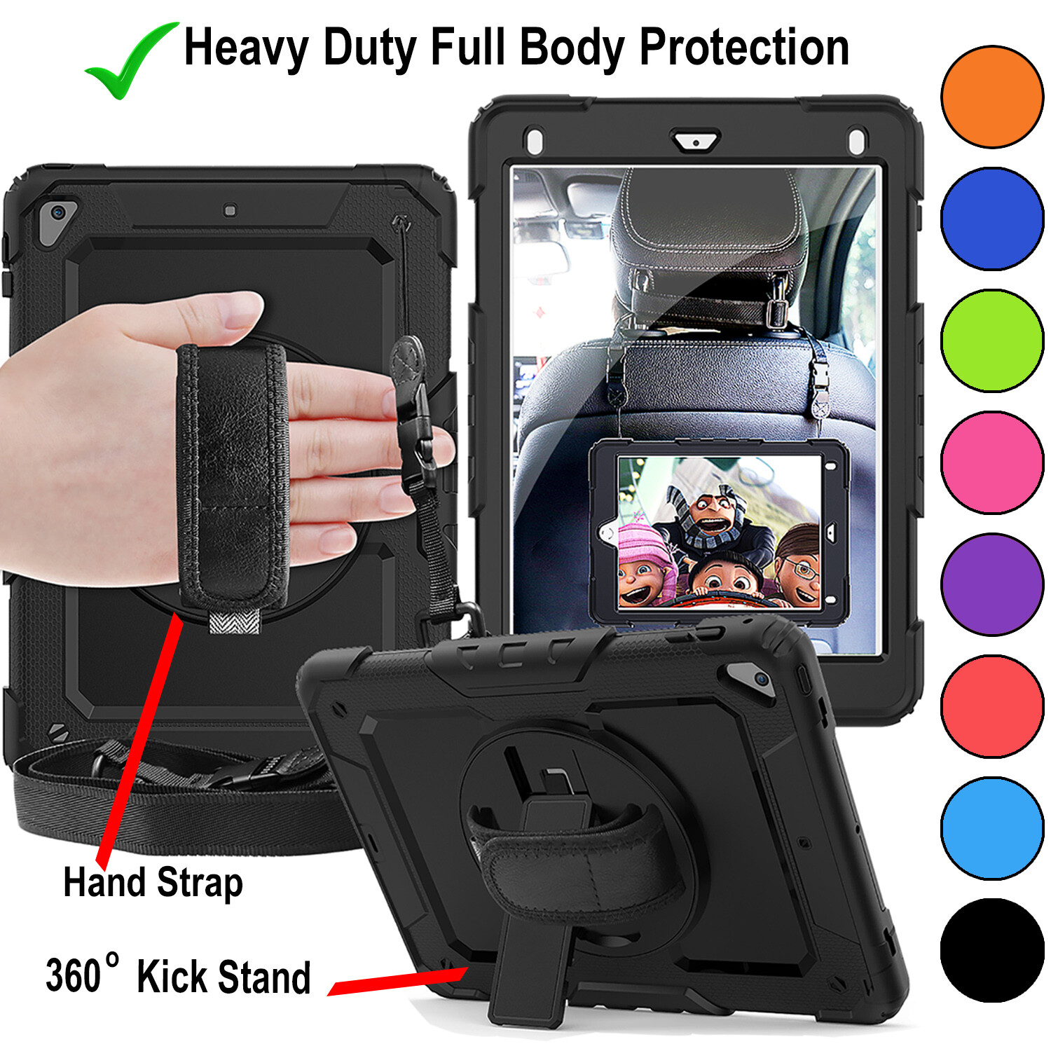 iPad Air 2 Case A1566 A1567 Smart Protective Shock Proof Hand Strap Cover Black