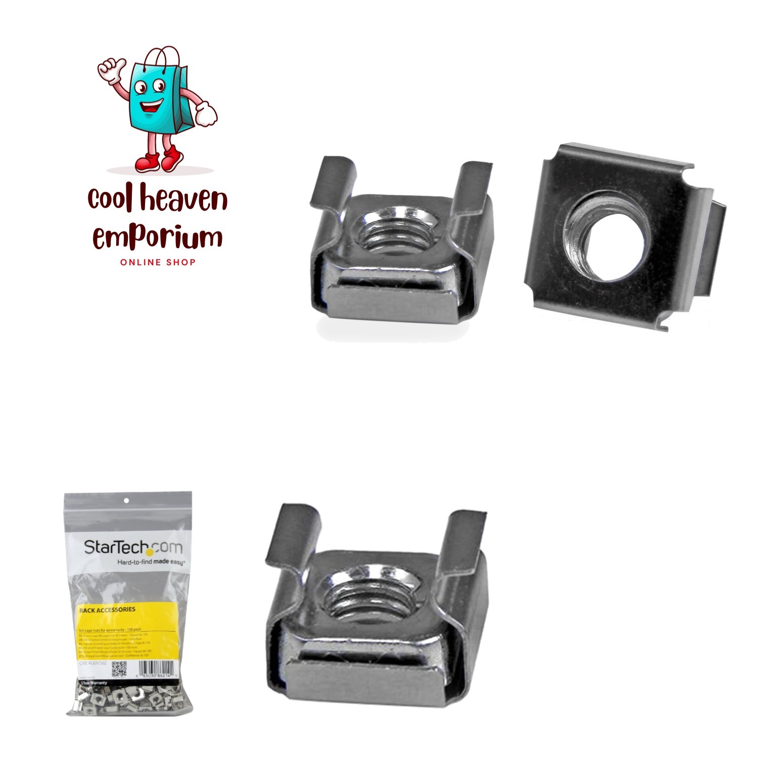 StarTech 100-Pack M6 Square Hole Cage Nuts & Tool, Nickel-Plated, TAA