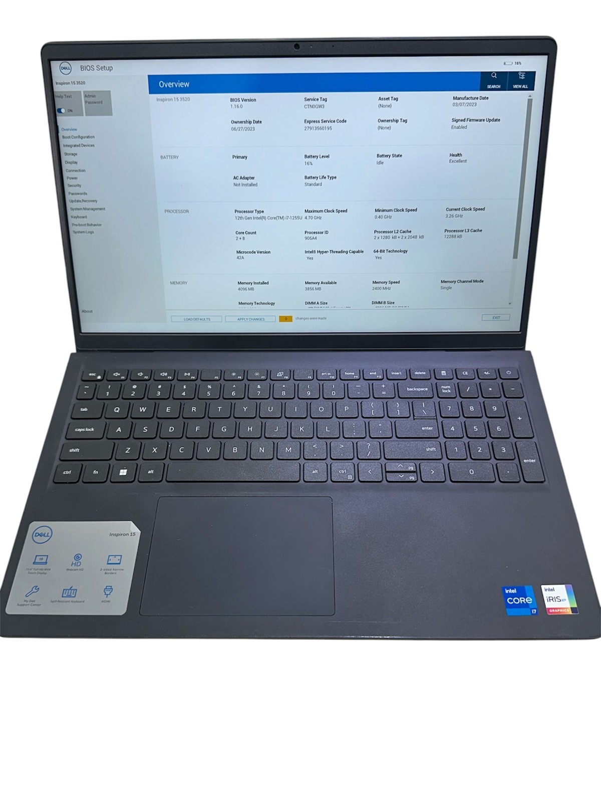 DELL INSPIRON 15 3520 INTEL i7-1255U @ 4.70GHZ 4GB RAM - NO SSD AC OS - USED