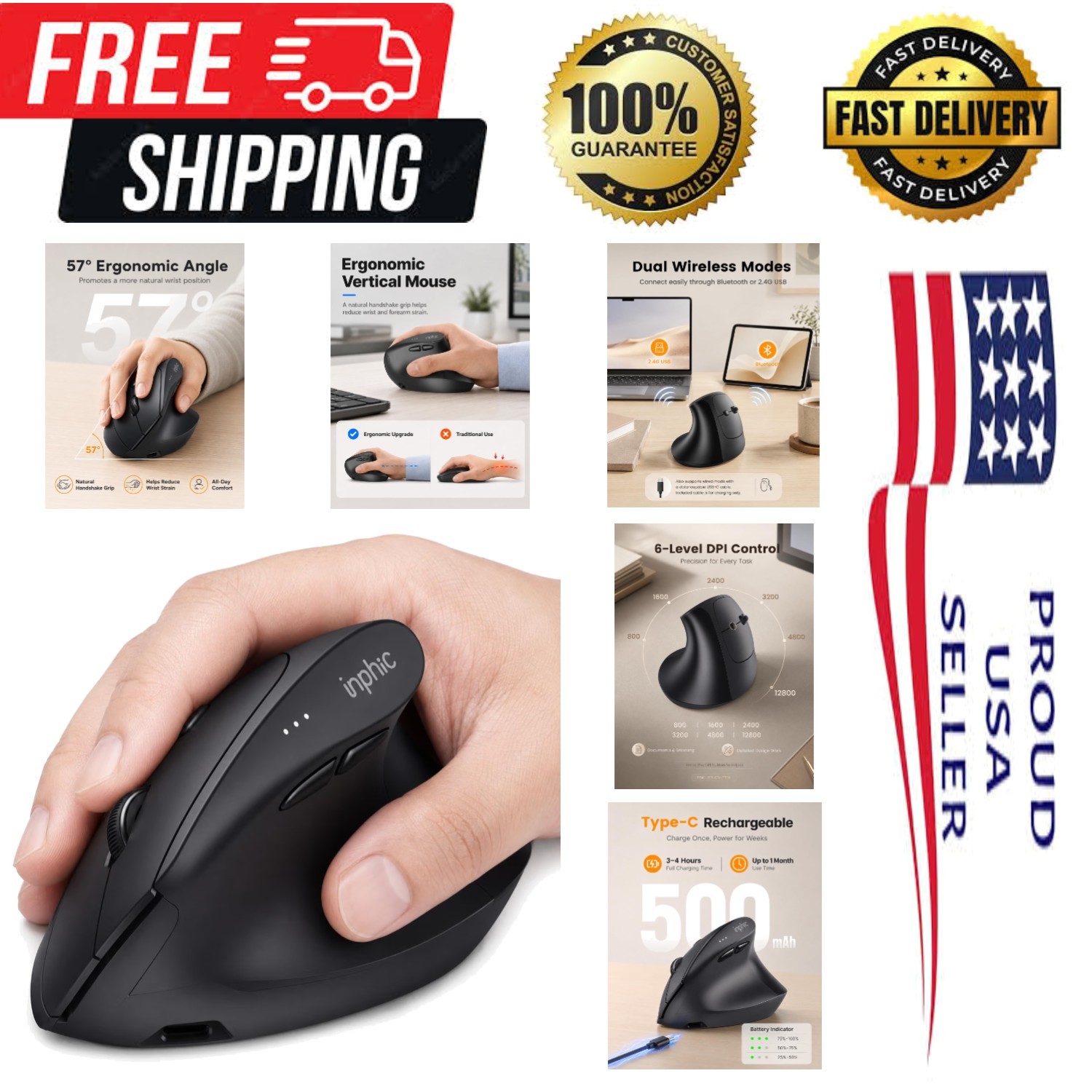 Rechargeable X9 Pro Silent Ergonomic Mouse - Tri-Mode with 12800 DPI Sensitivity