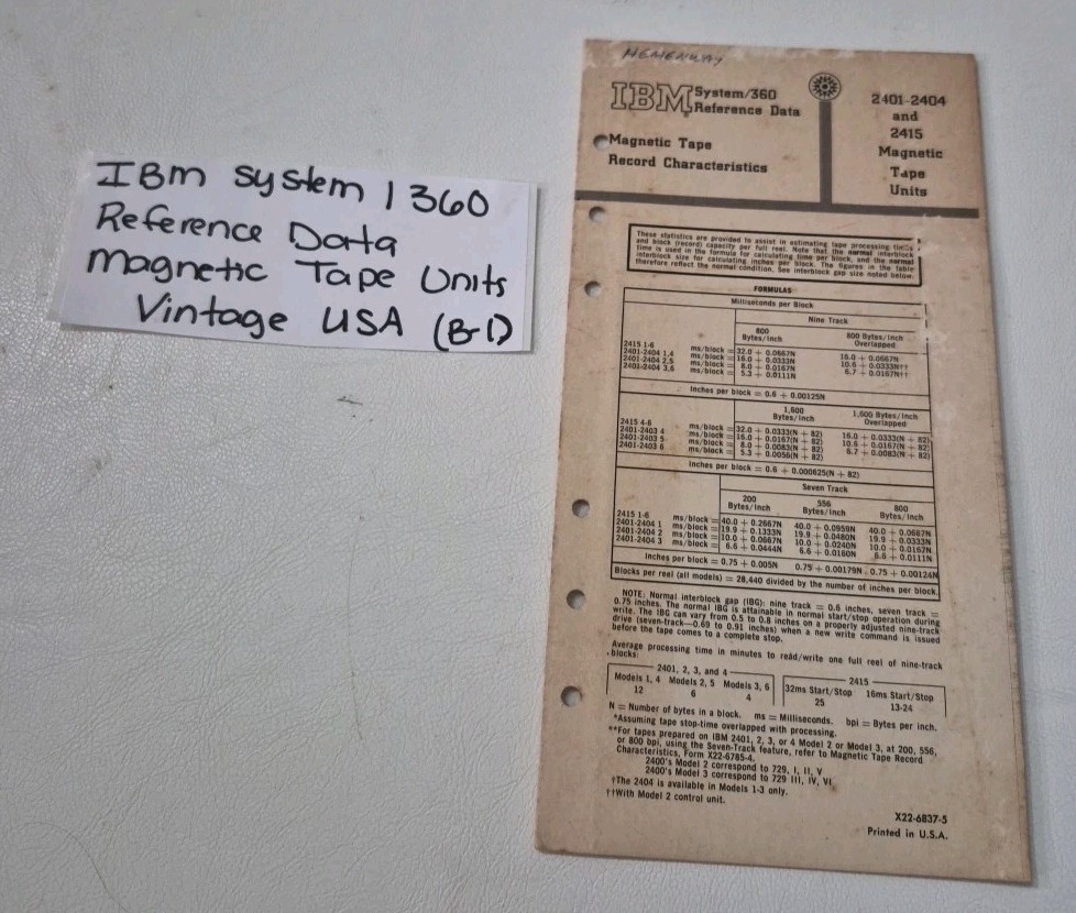 IBM System /360 Reference Data Magnetic Tape Units 2401 2404 & 2415 Vintage B-1