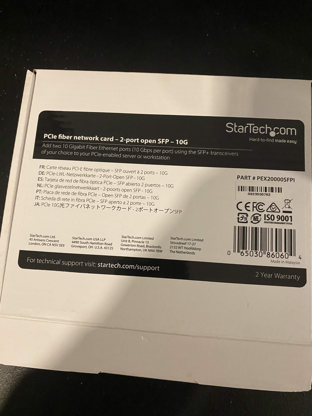 STARTECH.COM 10GB FIBER NETWORK CARD 2 PORT OPEN SFP PART #PEX20000SFPI