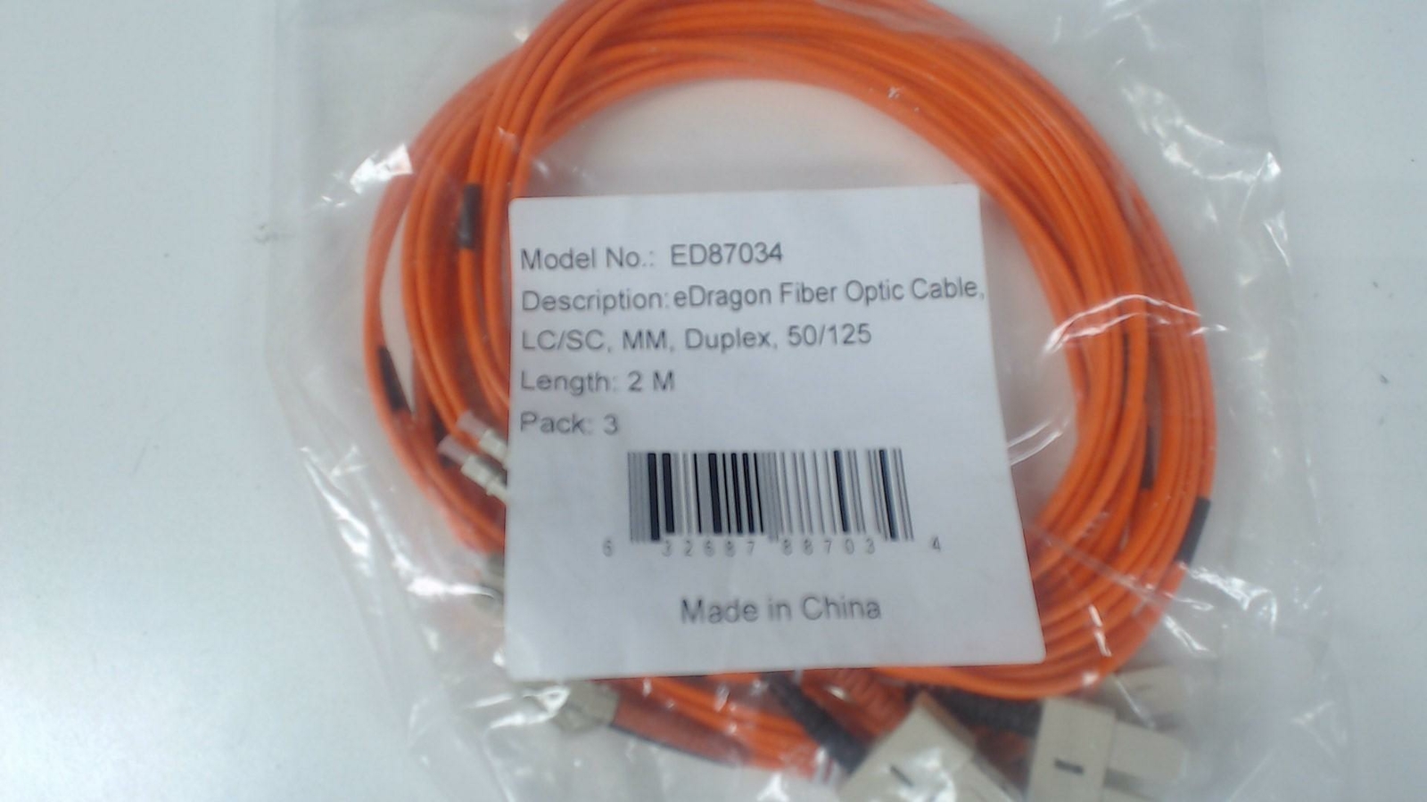 Pack of 3: 2 Meter LC / SC Multimode DUplex 50 / 125 Fiber Optic Cable - Orange
