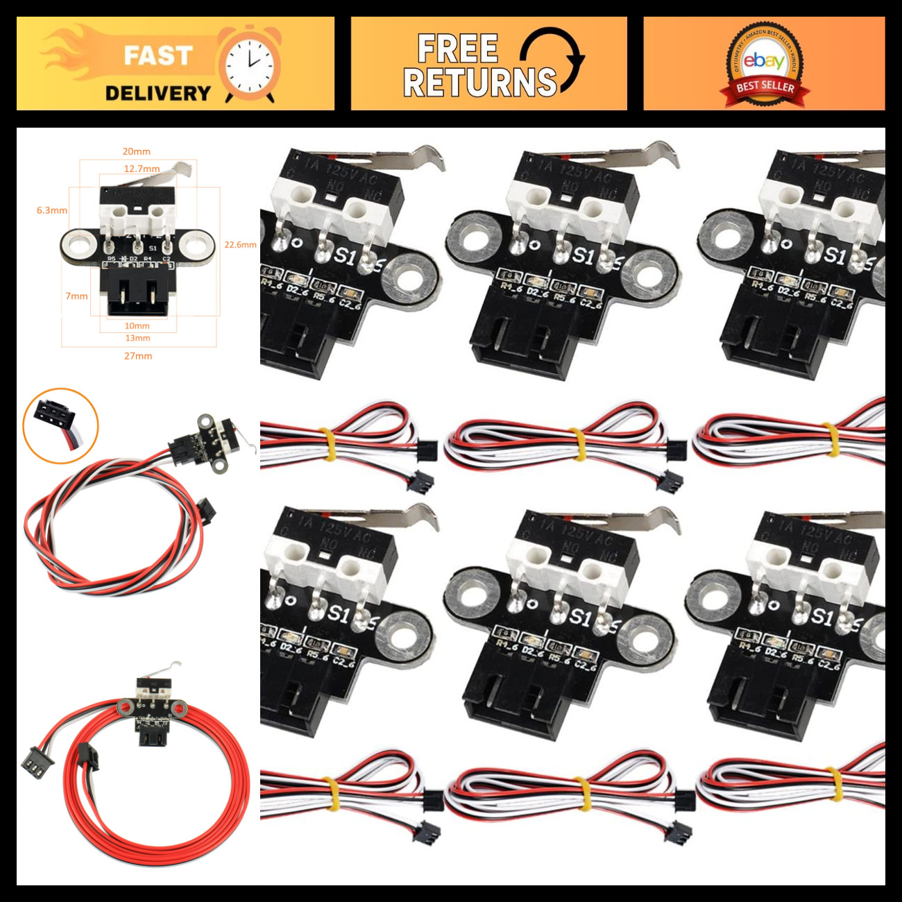 Miniature 3D Printer Limit Switch Module - 3 Pins with 1m Cables (6pcs)