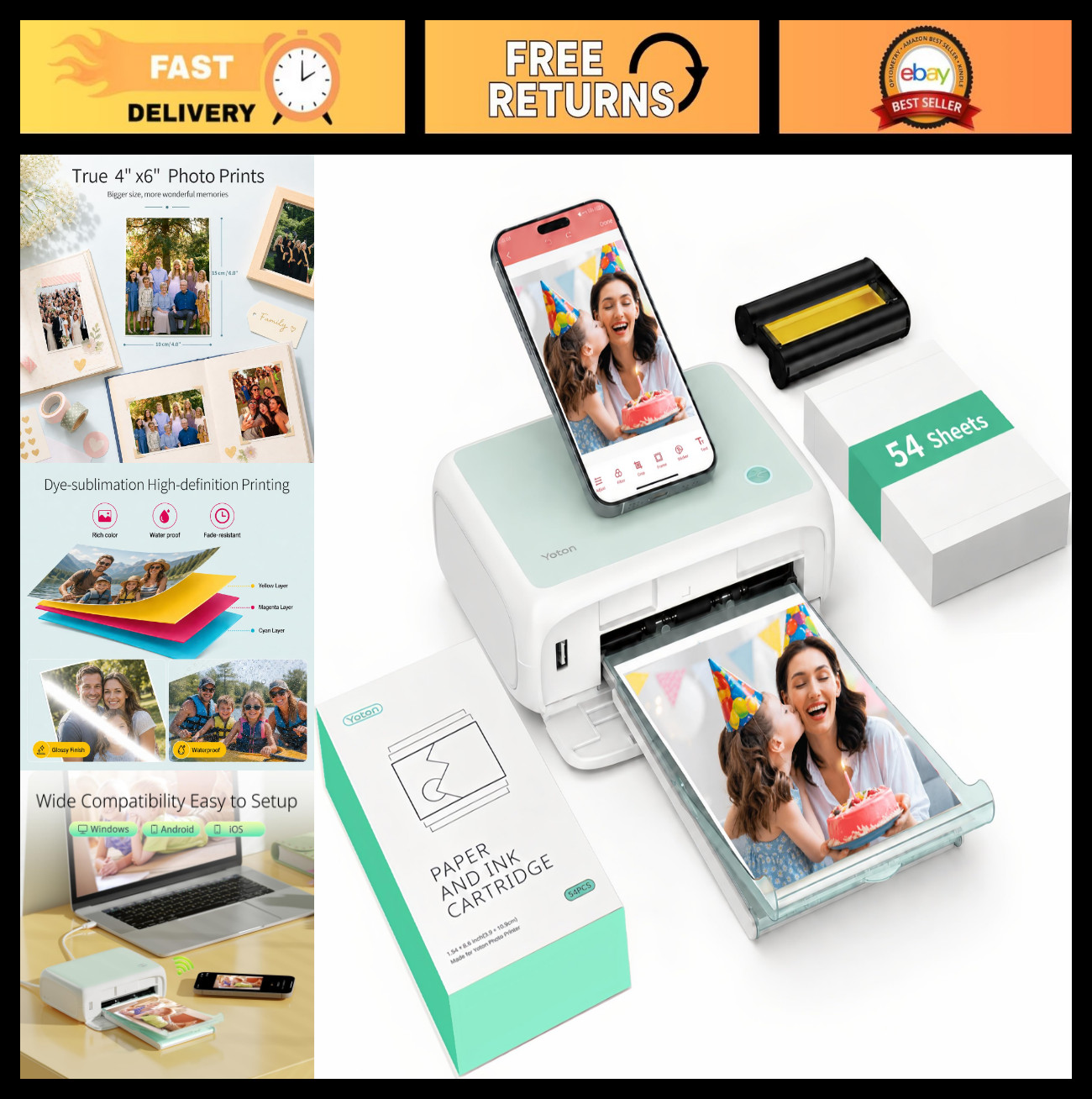 Portable 4x6 Photo Printer with 54 Sheets & Ink Ribbon, Wi-Fi & AR Video Support
