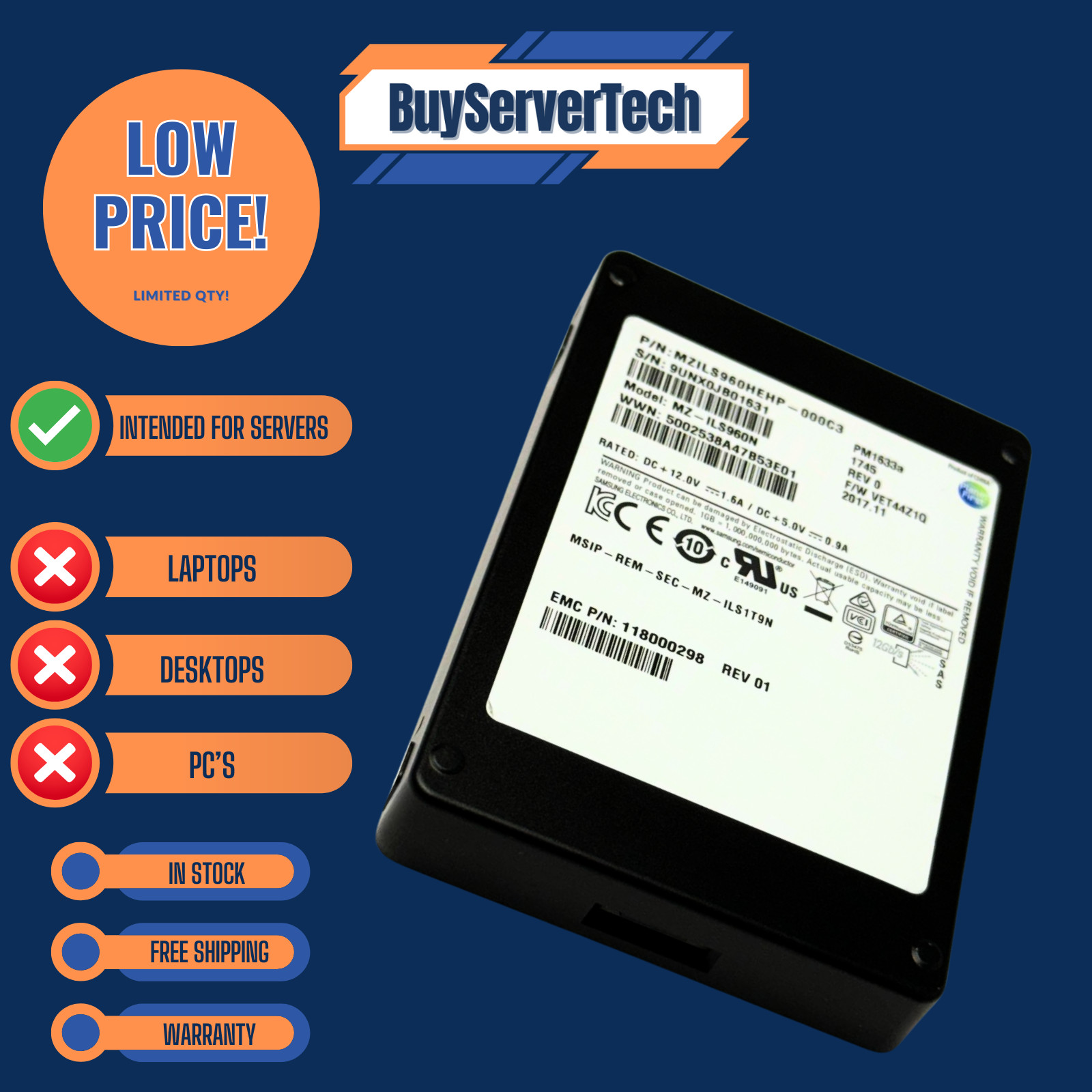 Samsung MZ-ILS960N PM1633a 960GB SAS 12Gbps 2.5" SSD | TLC | SFF | Grade A