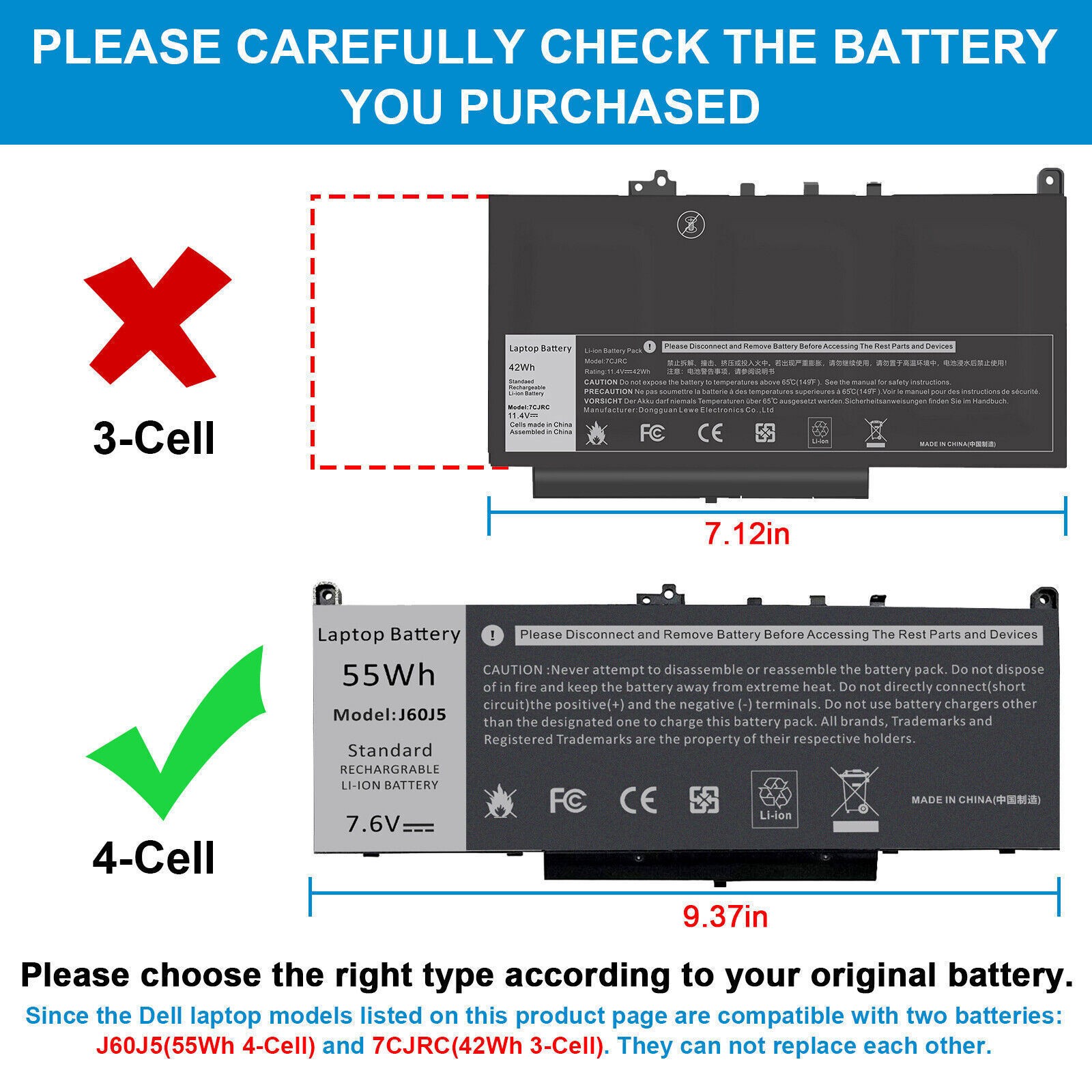 Lot 1/50 J60J5 Battery For Dell Latitude E7270 E7470 MC34Y 242WD 451-BBSY 55Wh