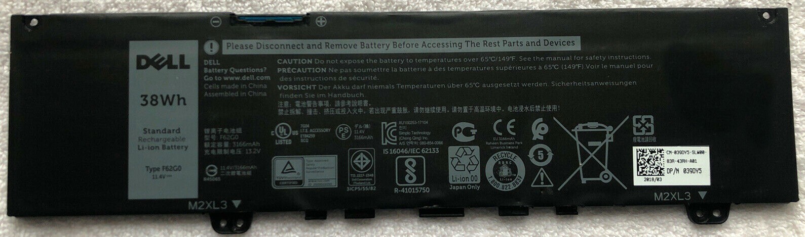 Genuine 39DY5 F62G0 Battery for Inspiron 13 5370 7370 7373 7380 Series P83G P87G