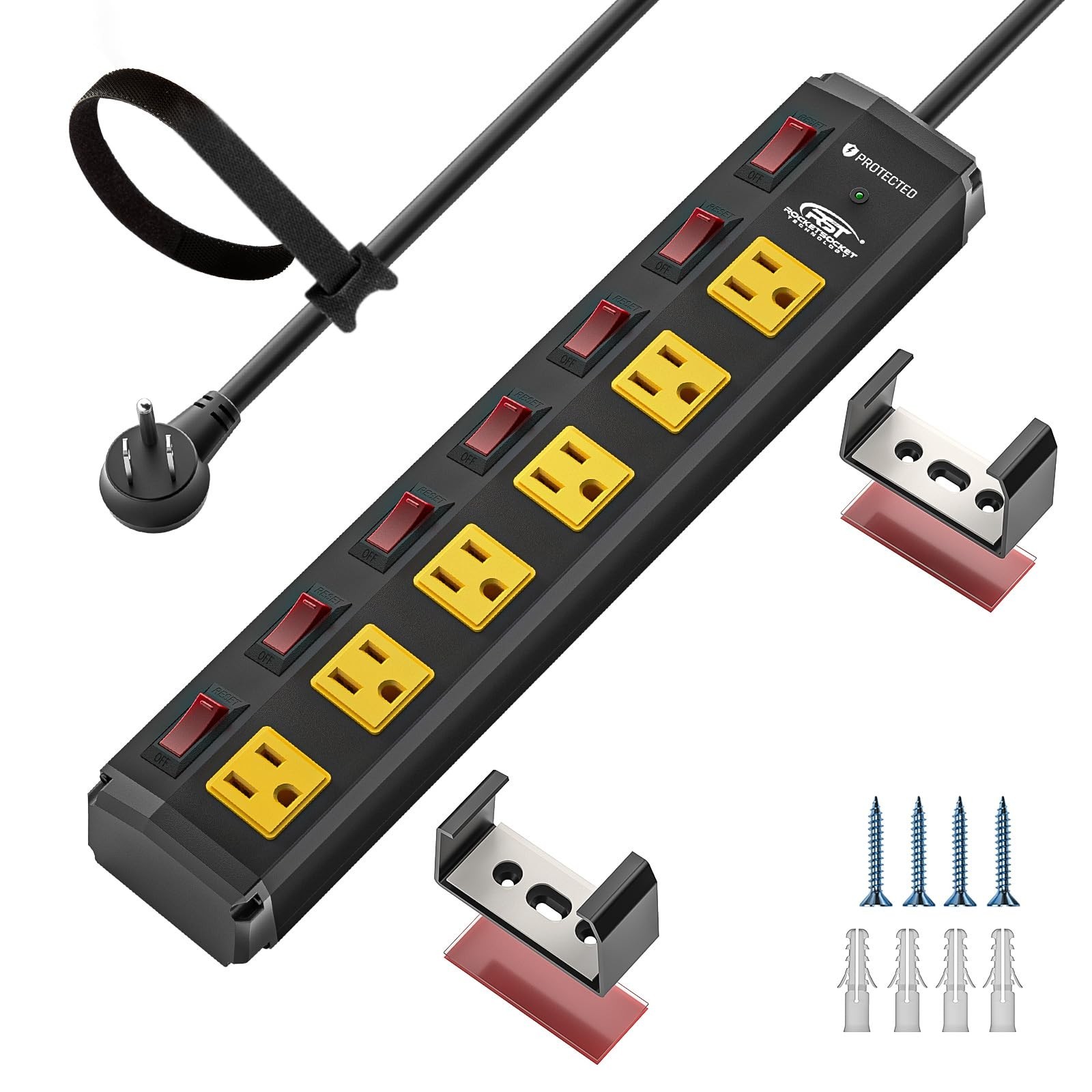 CRST 6 Outlet Metal Heavy Duty Power Strip with Individual Switches, 6FT Wall...