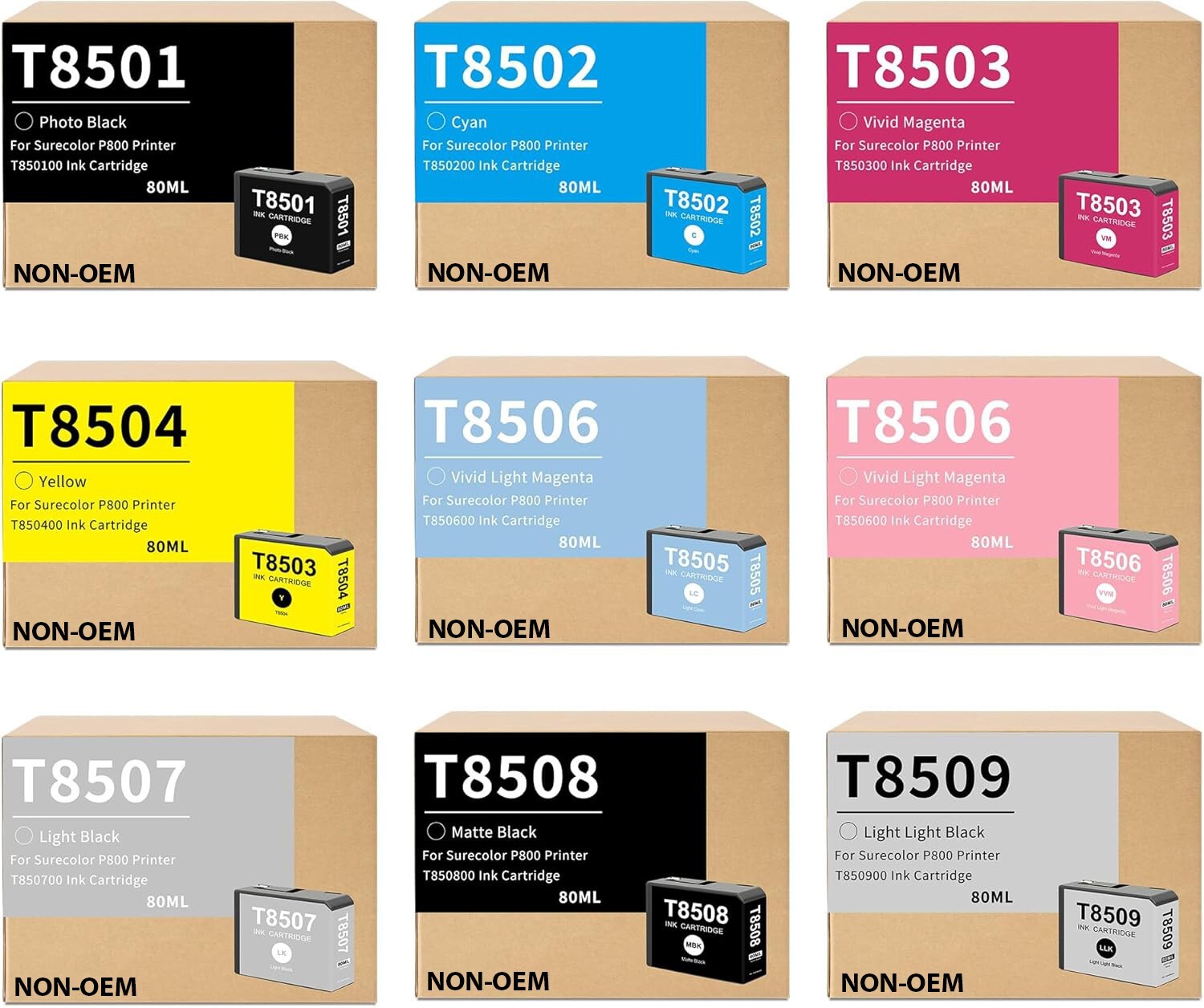 T850 9 pack of Ink Cartridges High Capacity 80ML T8501 T8502 T8506 T8509