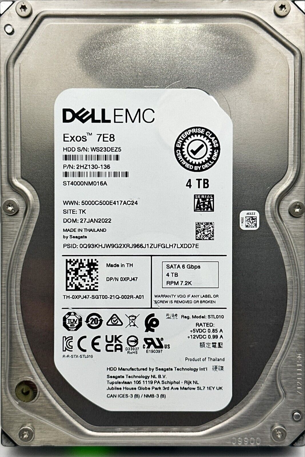 DELL EMC ST4000NM016A 4TB 3.5" 7.2K RPM SATA 6Gbps 256MB HDD P/N: 0XPJ47