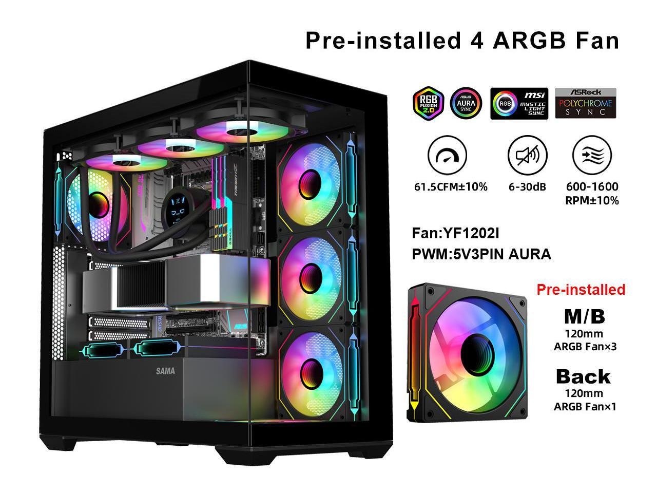 SV01 Mid Tower ATX Gaming PC Computer Case Black, 4 Addressable RGB Fans SAMA