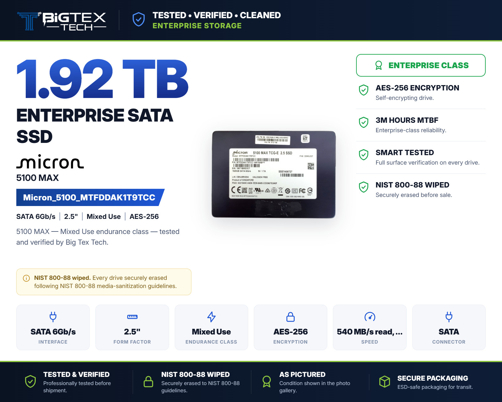 Micron 5100 Max 1.92TB SATA 2.5" SSD MTFDDAK1T9TCC MTFDDAK1T9TCC-1AR16ABYY