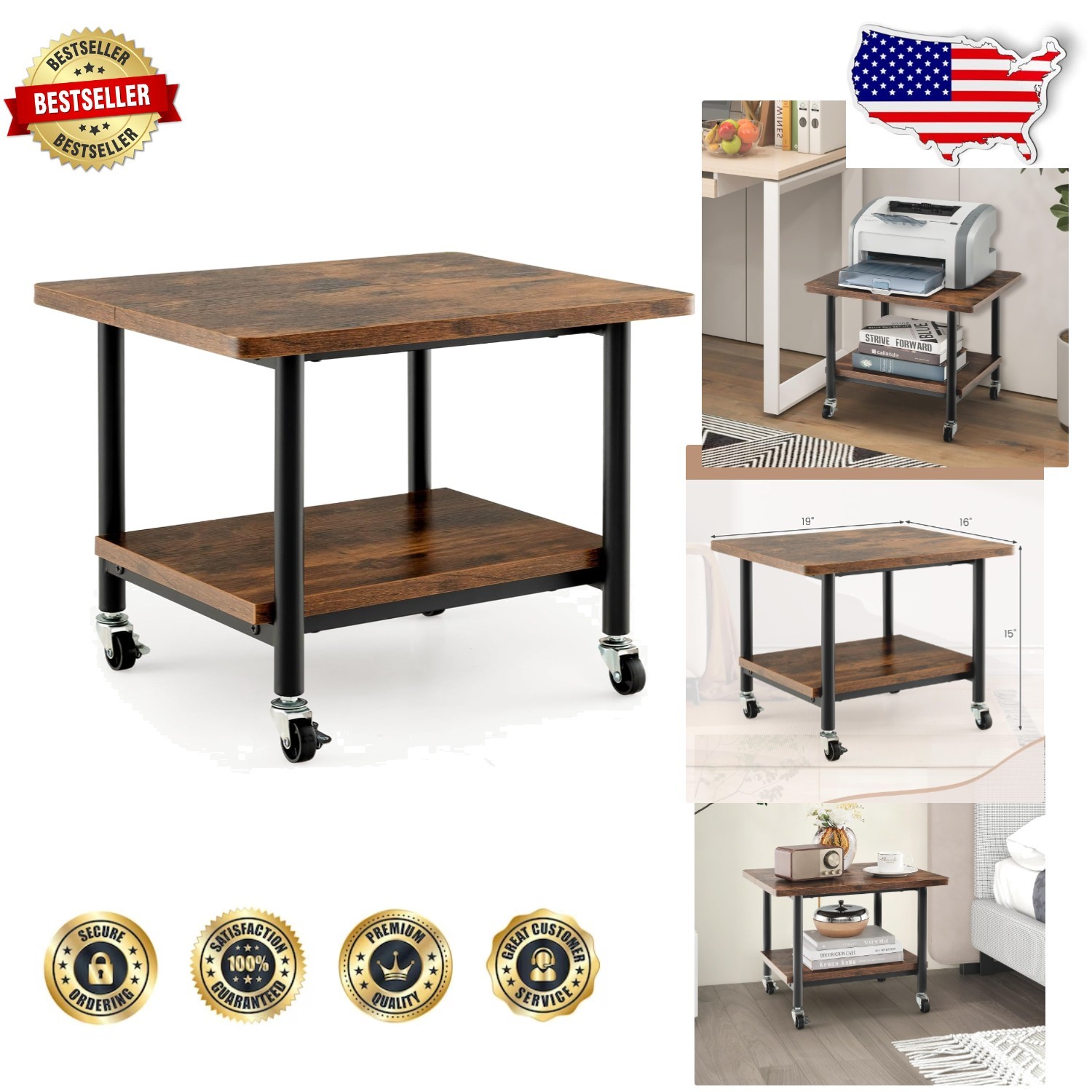 Rustic Brown 2-Tier Printer Stand, Under Desk Rolling Cart, 125lb Capacity, M...
