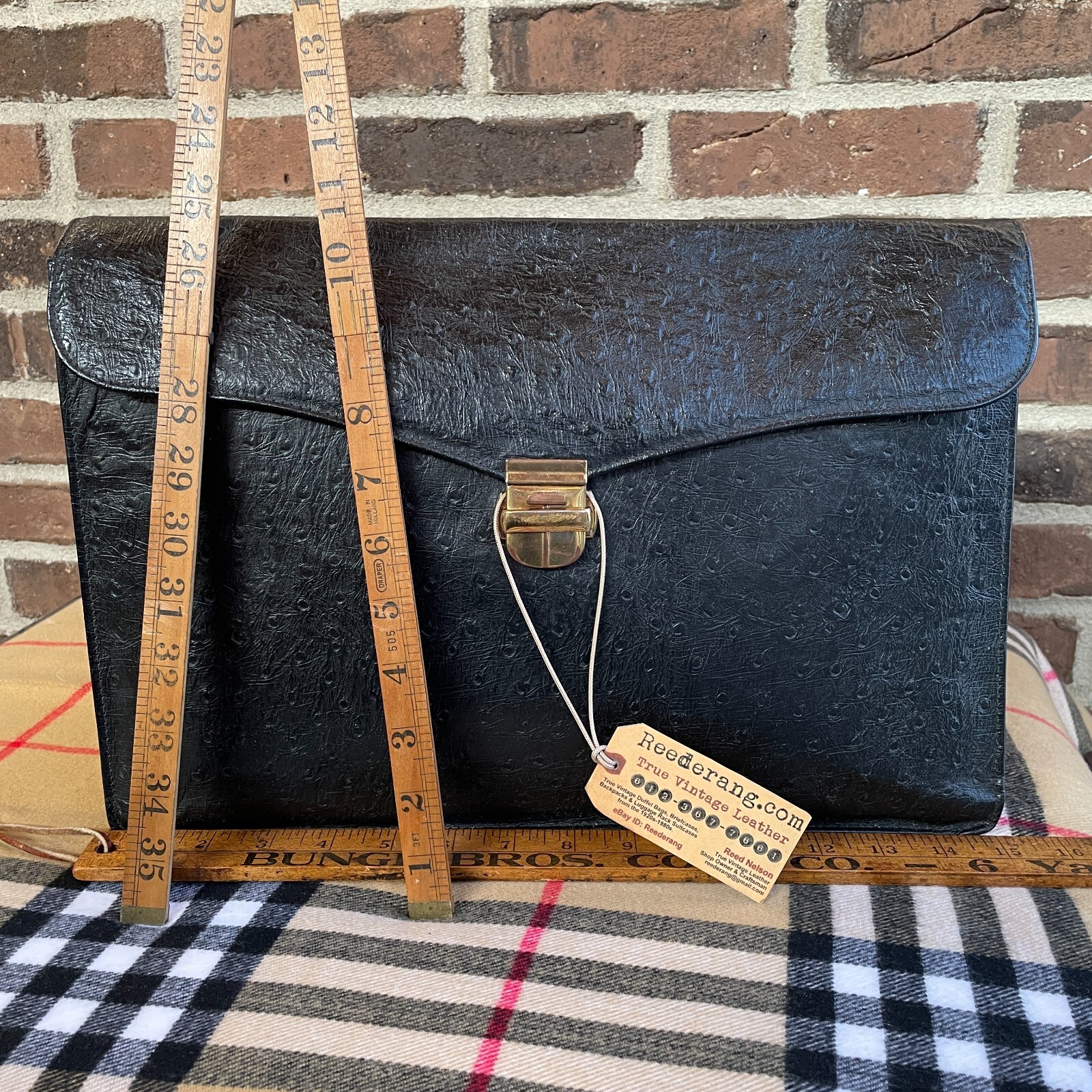 RARE VINTAGE 1980s BLACK LUXURY OSTRICH CALF LEATHER MACBOOK PRO CASE BAG R$798