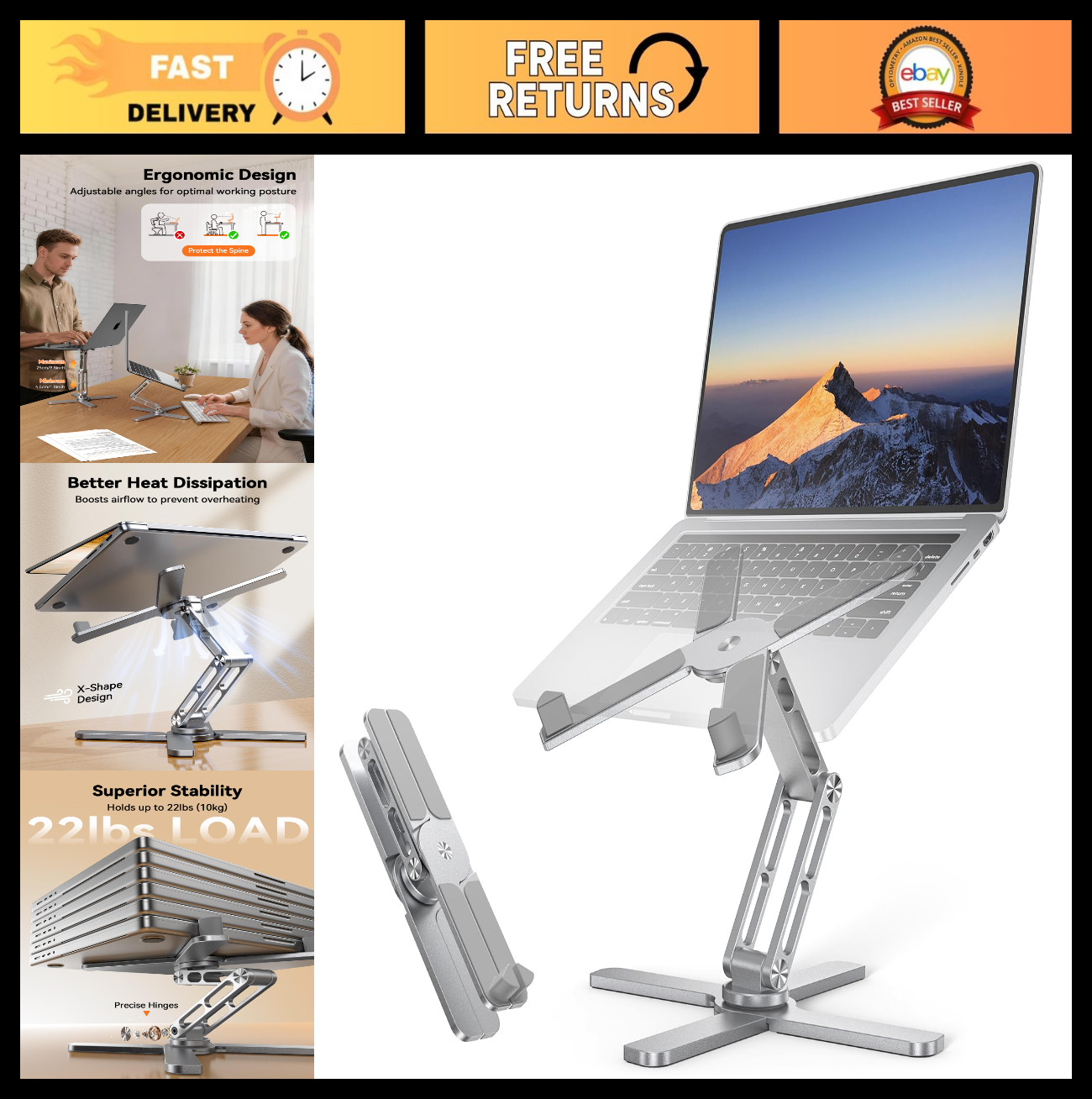 Adjustable Laptop Stand with 360° Rotation, Ergonomic Design, Foldable, Fits Up