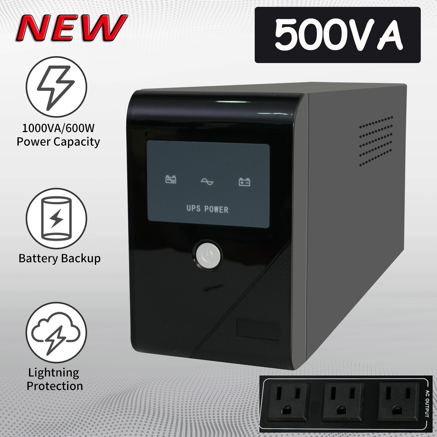Backup UPS Uninterruptible Power Supply 500VA 300W 3 Outlet LCD Display Battery