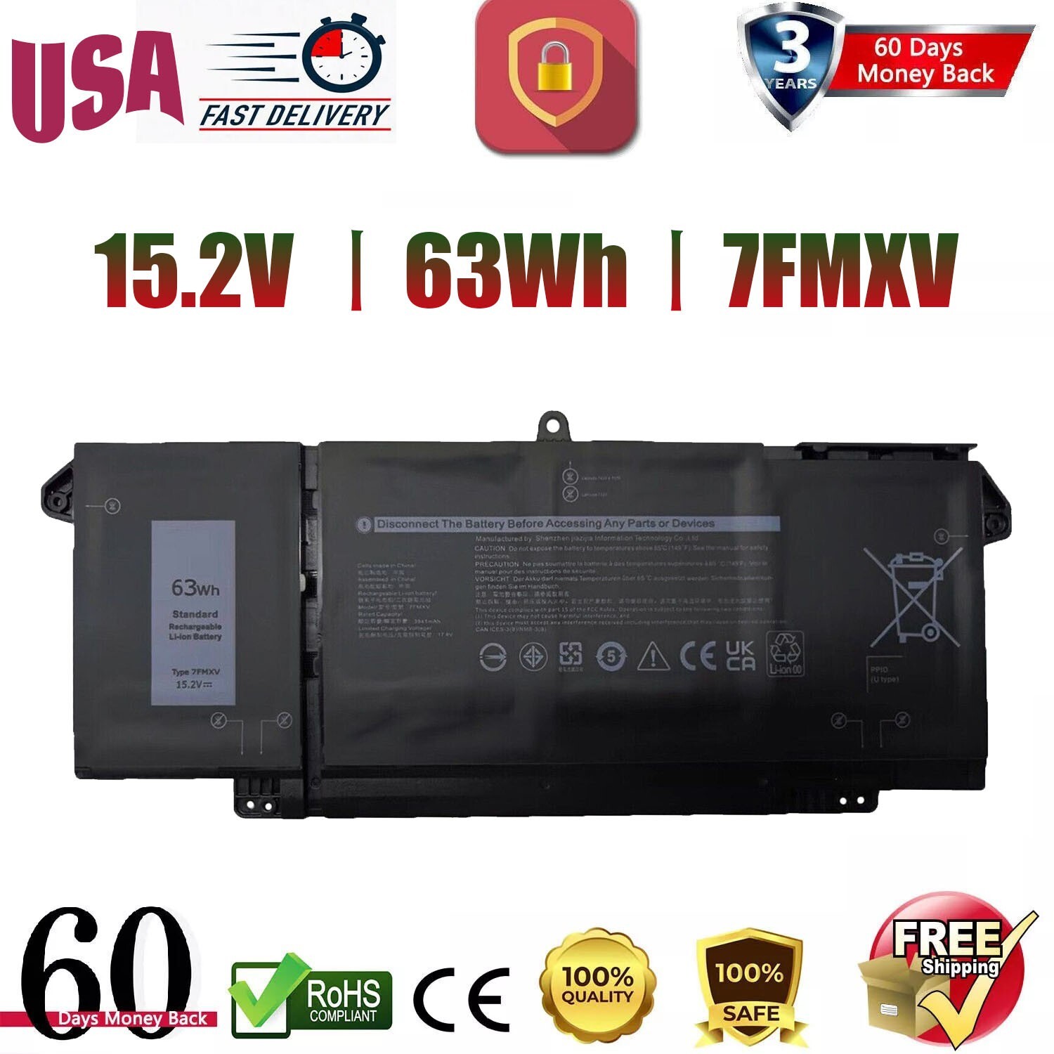 10PCS 63Wh 7FMXV Battery For Dell Latitude 5320 7320 7420 7520 9JM71 TN2GY 4M1JN