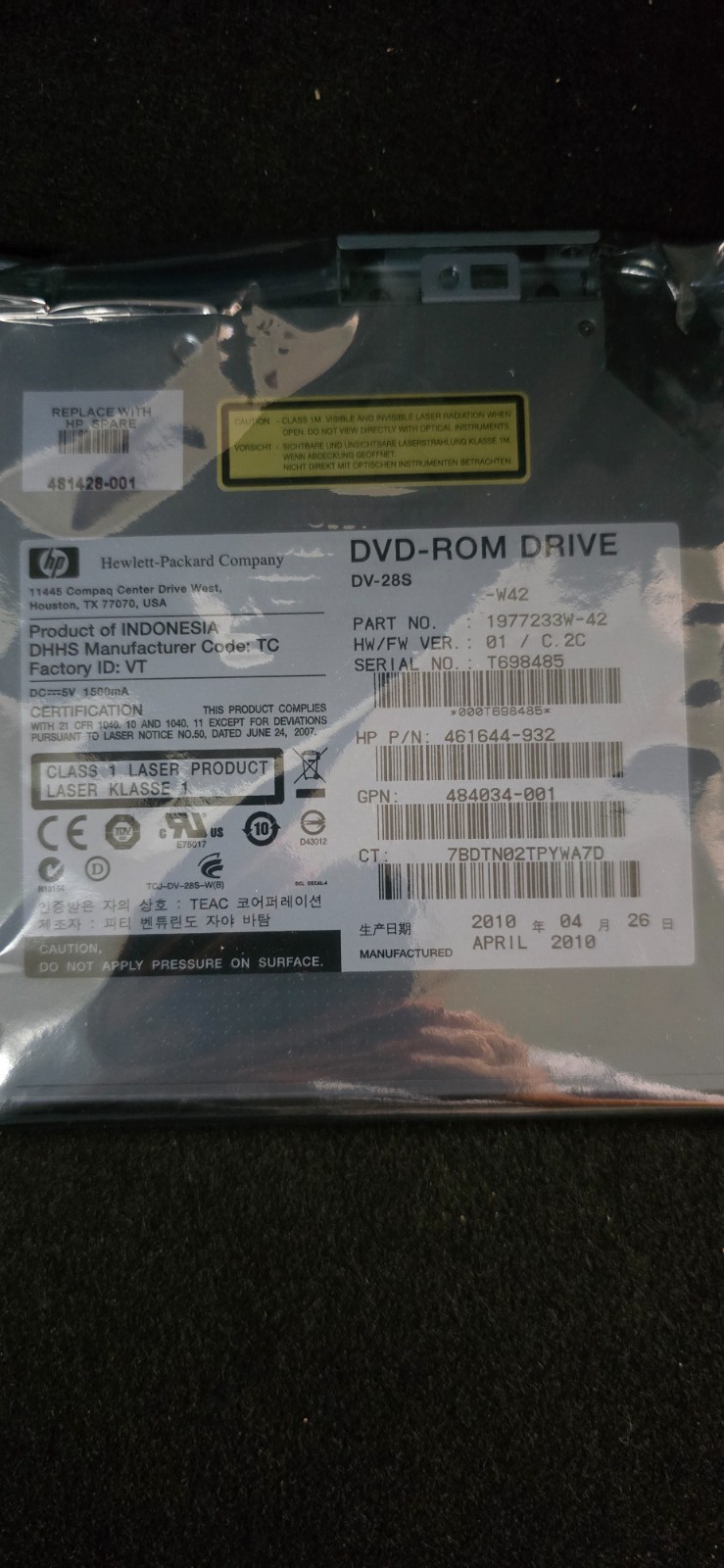 HP 481428-001 Slimline SATA DVD-ROM TEAC DV-28S 461644-932 DL380 G7 NEW SEALED