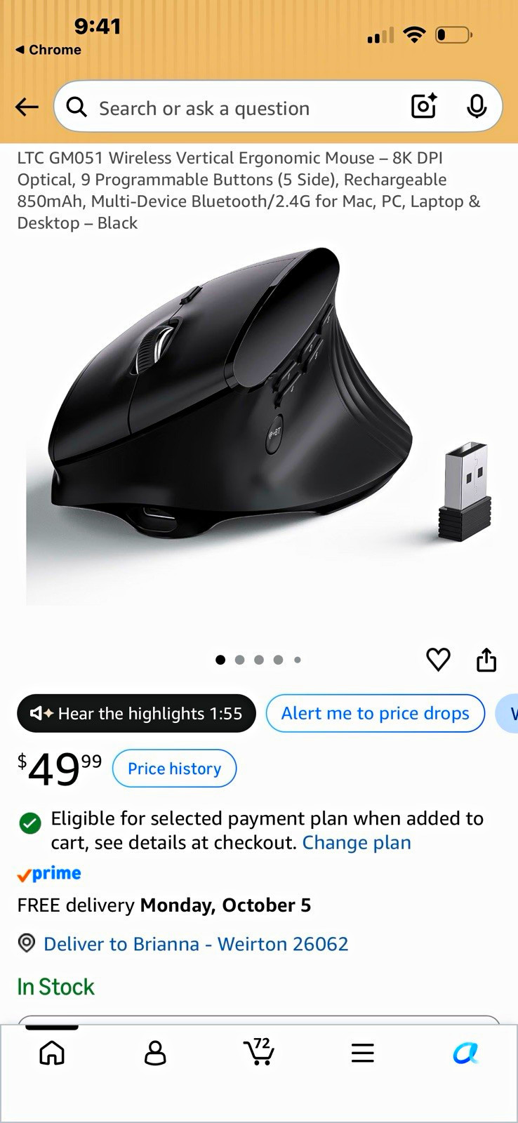LTC GM051 Vertical Ergonomic Wireless Mouse Bluetooth/RF 8000 DPI 9 Btn Black