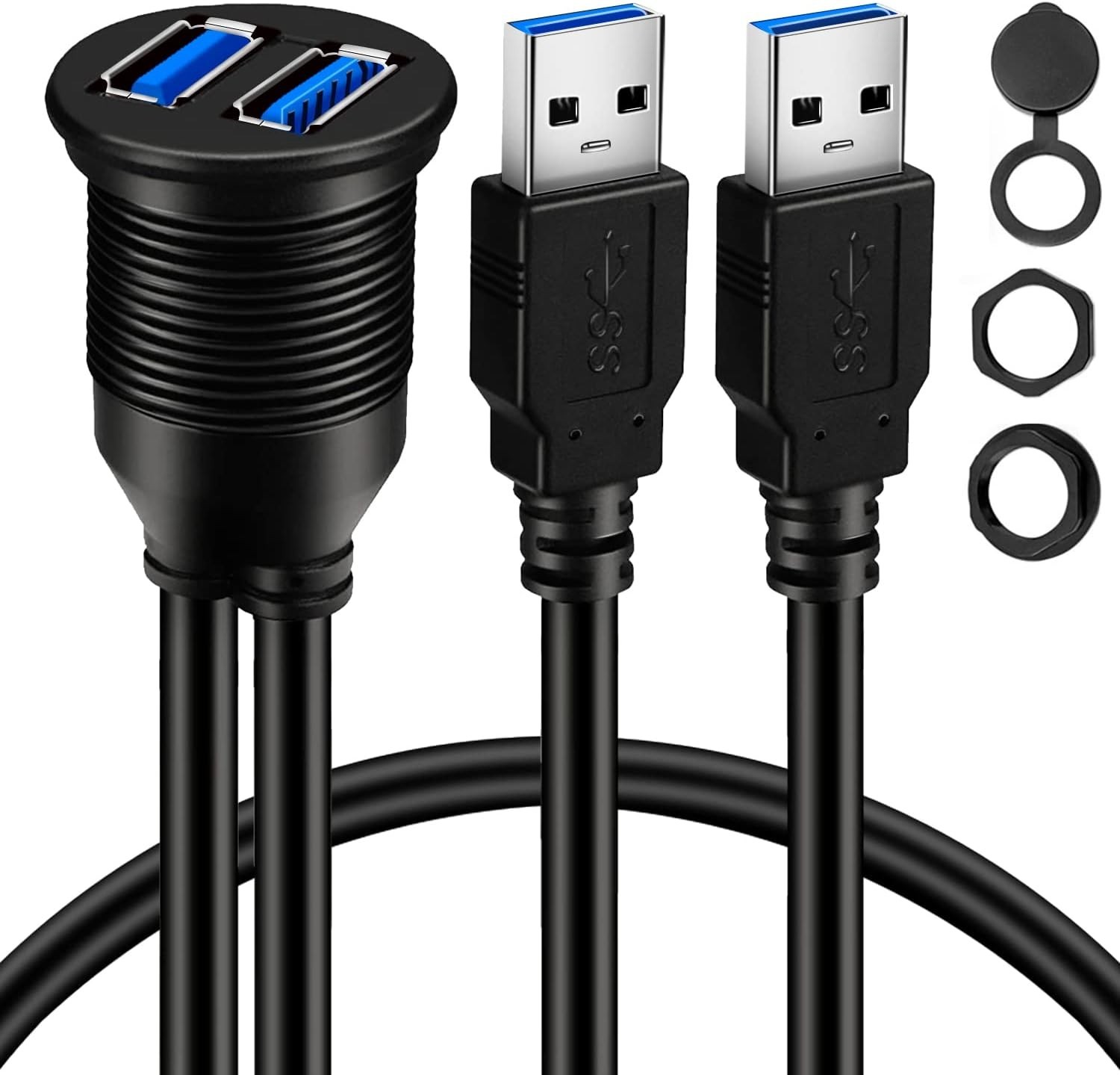 BATIGE 2 Ports Dual USB 3.0 Male to USB 3.0 Female AUX Flush Mount Car Mount