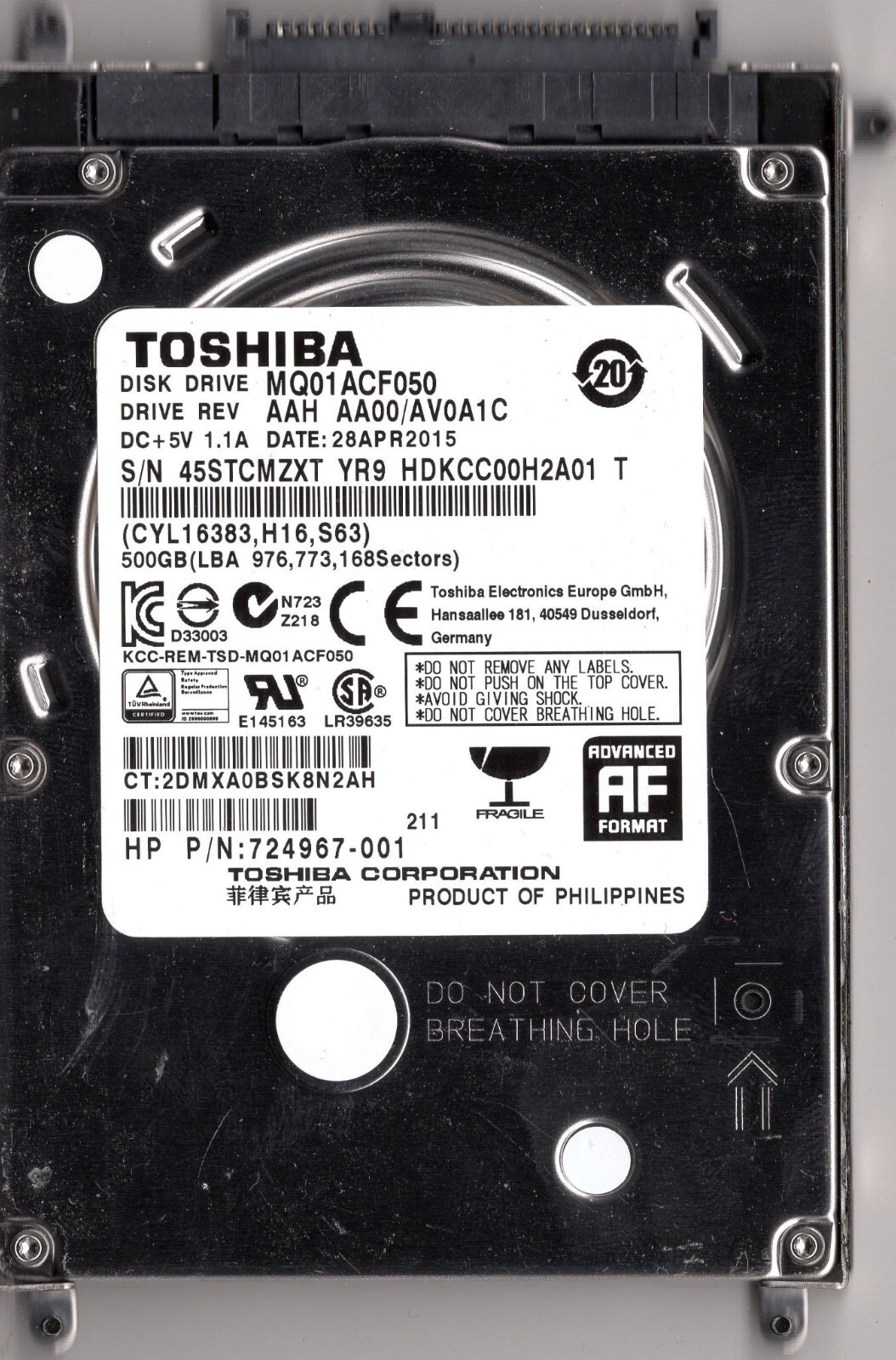 HP 724967-002 500GB HDD TOSHIBA MQ01ACF050 & 703267-001 CADDY - NEW