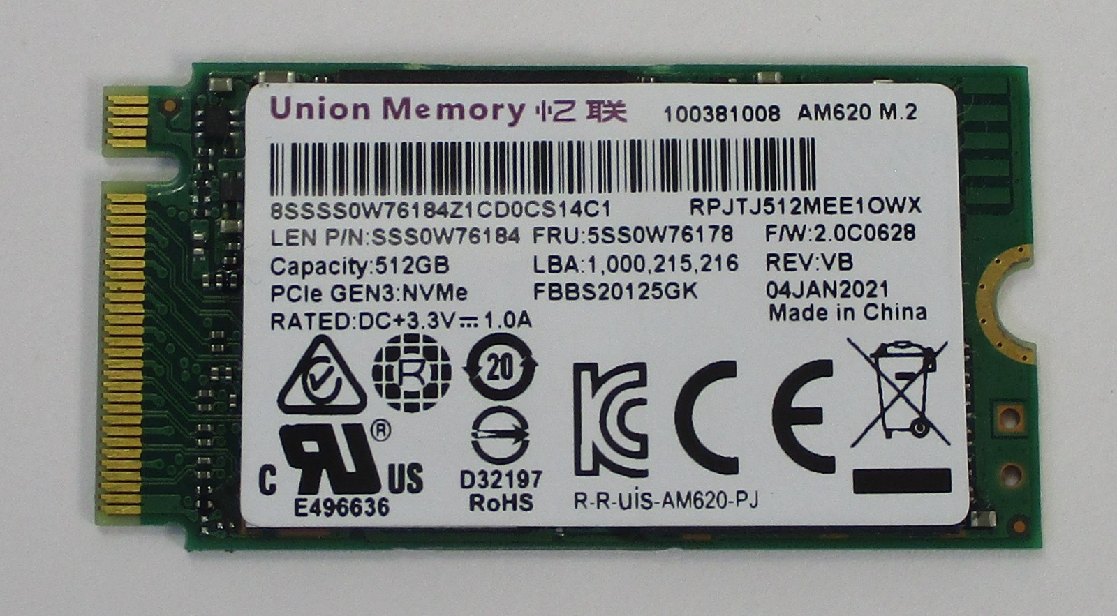 Union Memory SSS0W76184 512GB SSD M.2 2242 NVMe PCIe Gen 3