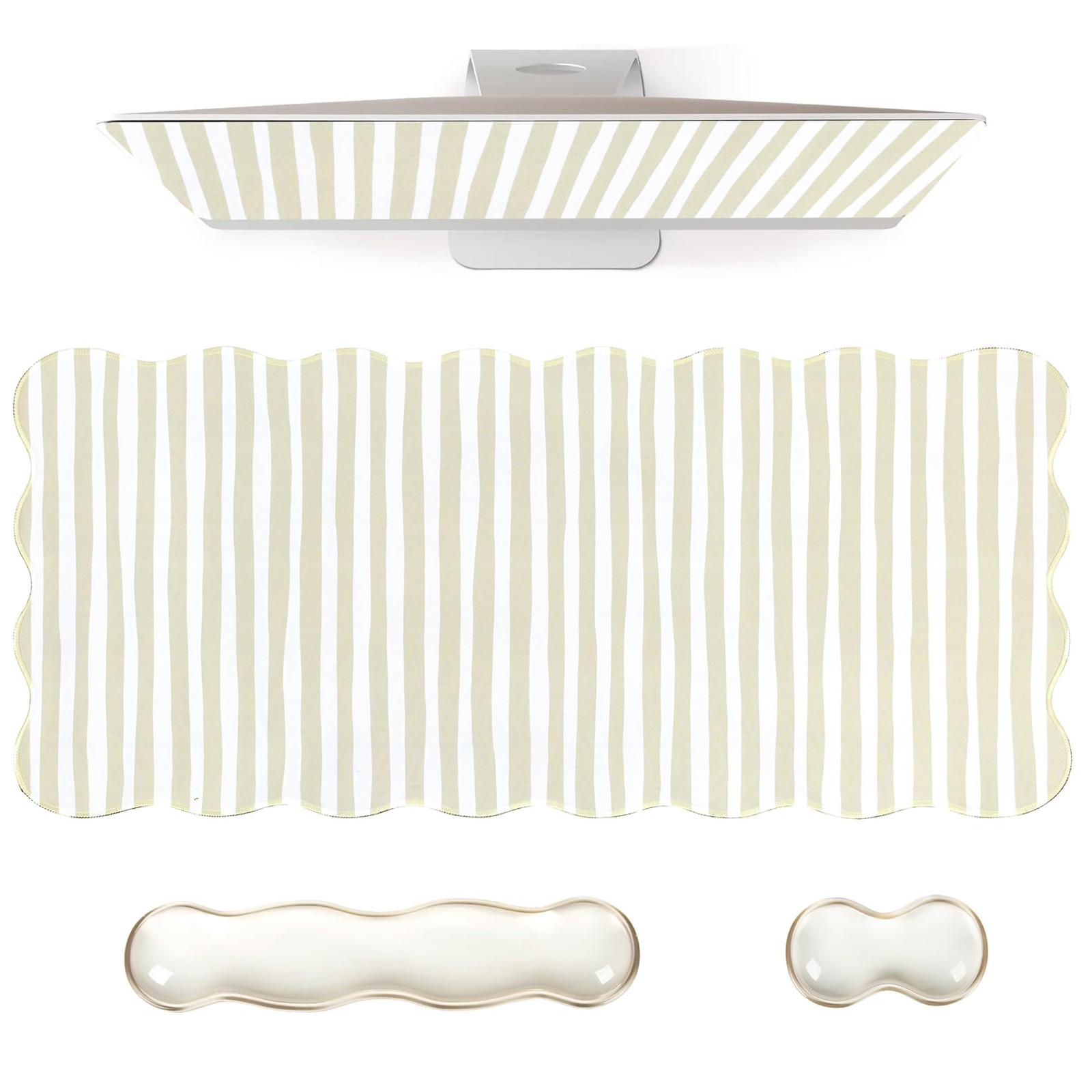 Beige Striped Mouse Pad Set,Scalloped XXL Desk Mat + Ergonomic Mouse Wrist Re...
