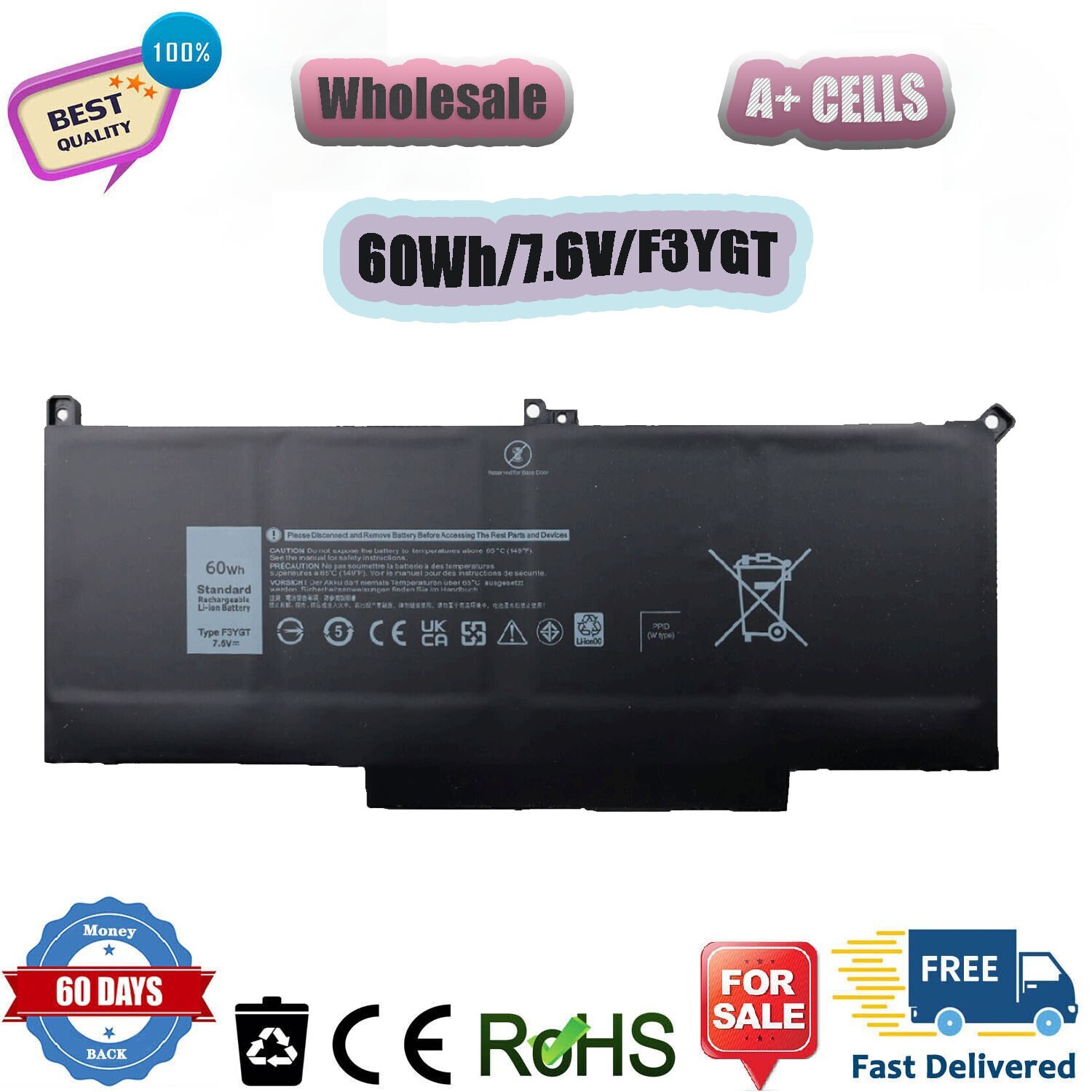 2PCS F3YGT DM3WC Battery for Dell Latitude 12 13 14 E7280 E7480 7480 7490 7380