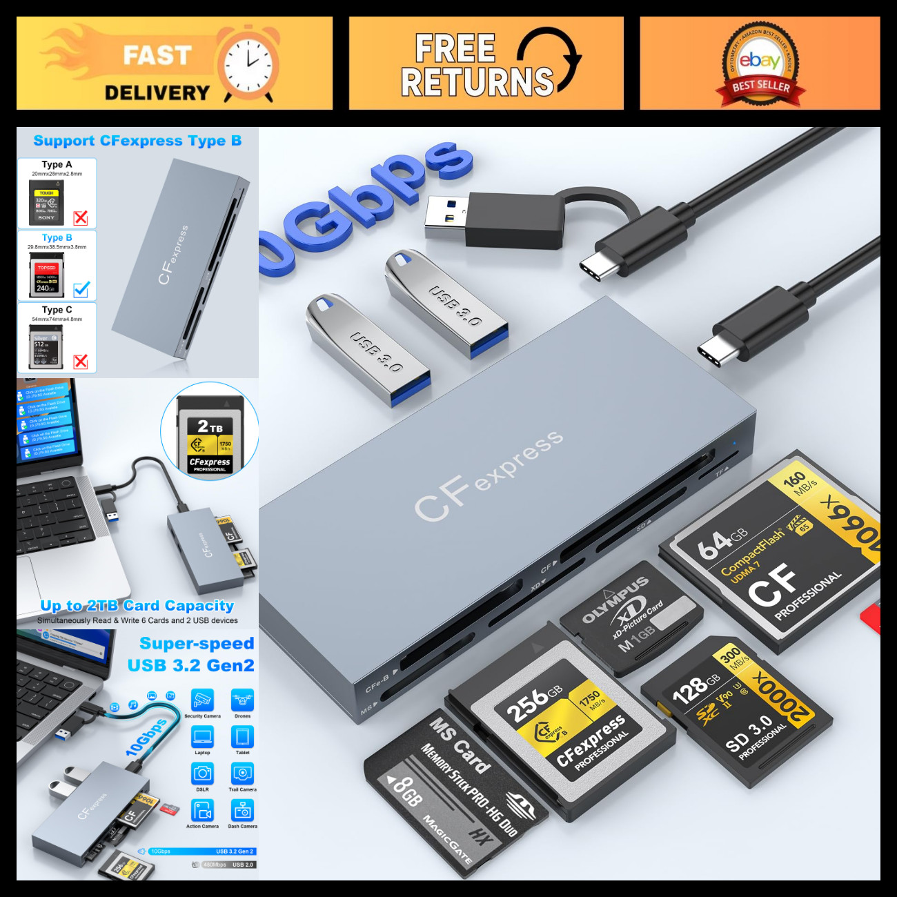 8-in-1 CFexpress Type B Card Reader, 10Gbps USB 3.2 Multi Memory Card Adapter fo