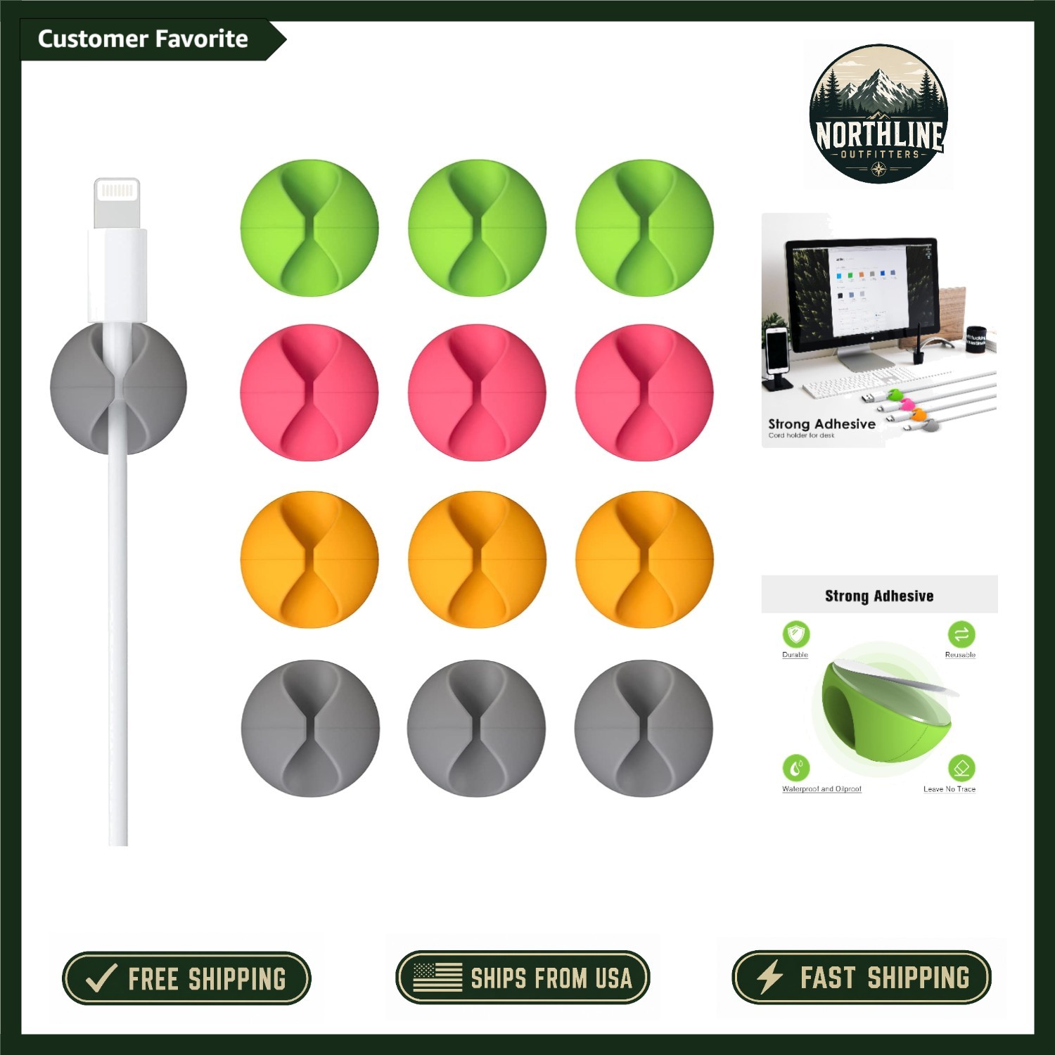 Durable Colorful Cable Clips - 12 Pack for Stylish Wire Organization Anywhere