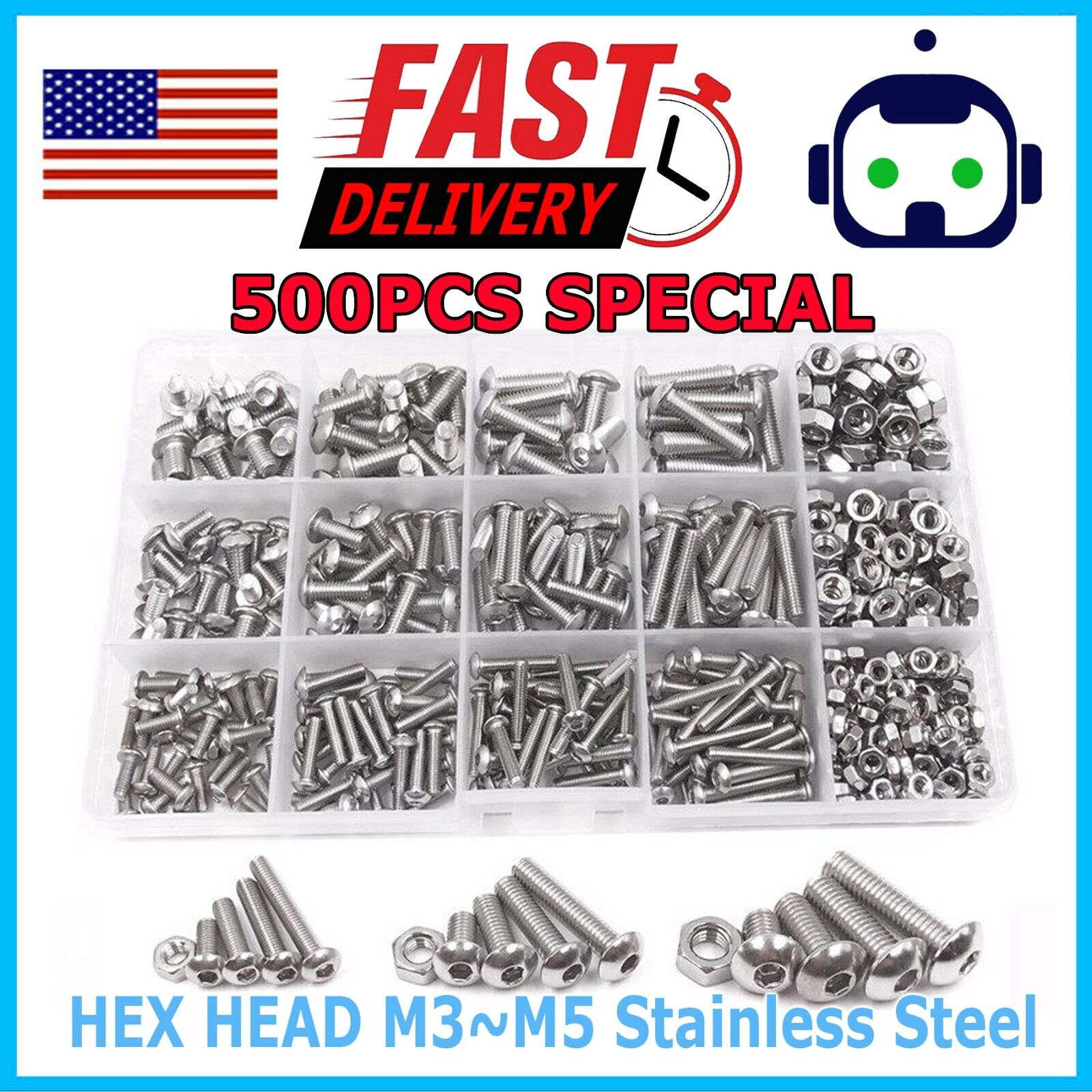 US 500pcs Stainless Steel Hex Socket Cap Head Bolts Screws Nuts M3 M4 M5 304 Kit