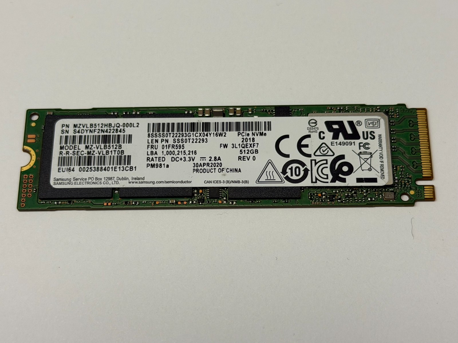 Samsung 512GB PM981a NVMe M.2 Solid State Drive MZ-VLB512B MZVLB512HBJQ-000L2